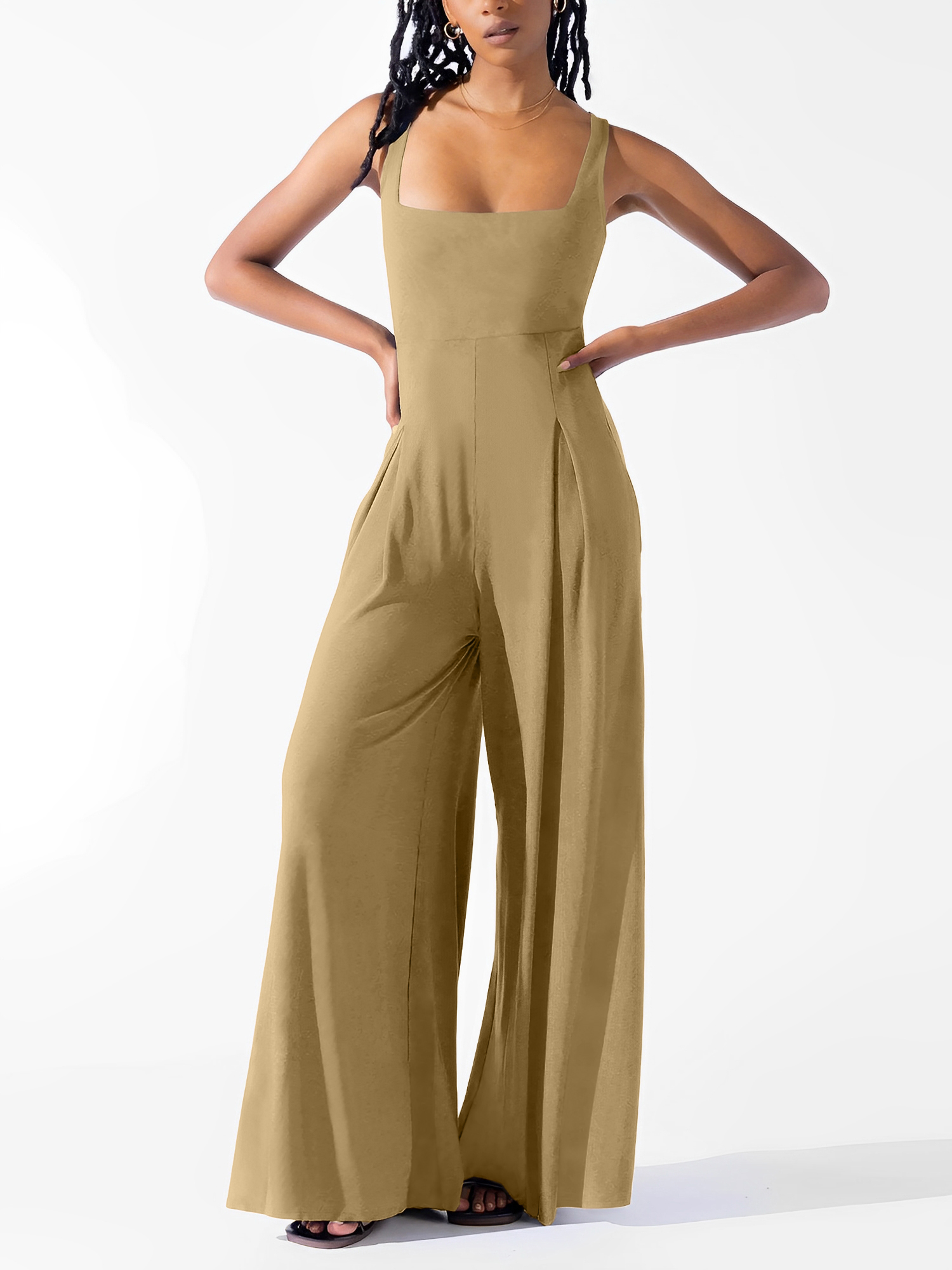 Solid Color Square Neck Sleeveless Wide Leg Jumpsuits Khaki/XS