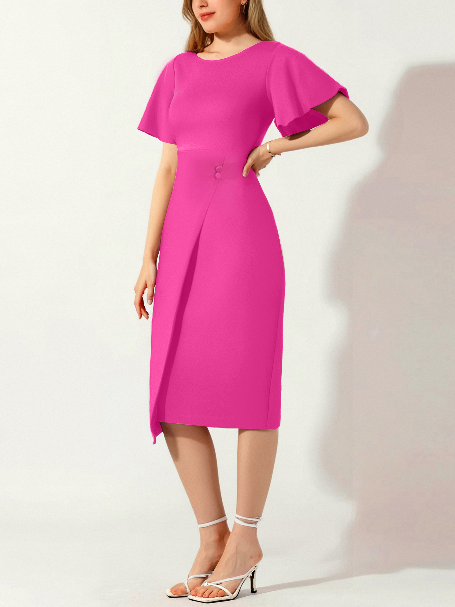 Elegant Flutter Ruffles Short Sleeves Solid Color Midi Slim Sheath Office Dress Hot Pink/S
