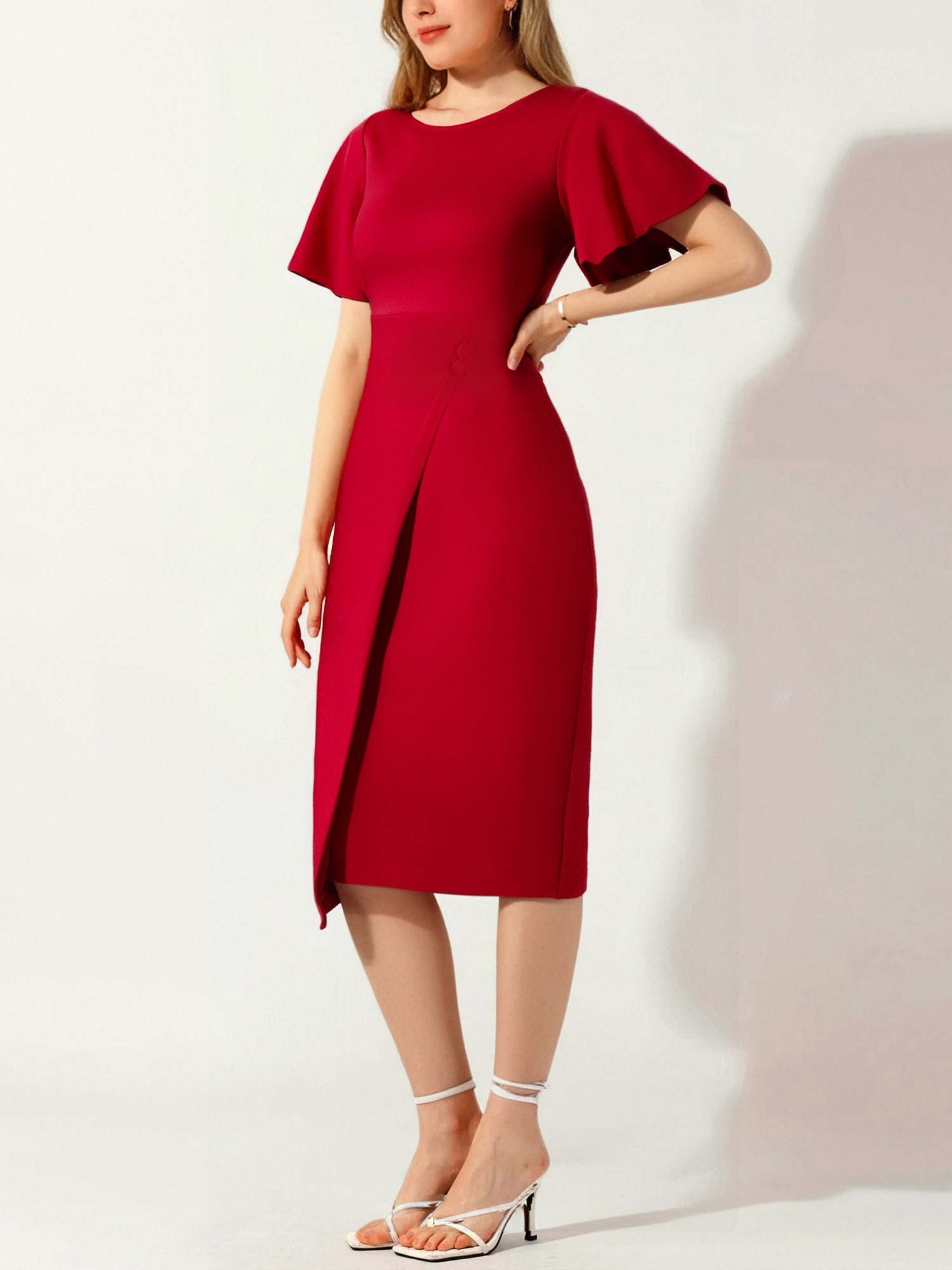 Elegant Flutter Ruffles Short Sleeves Solid Color Midi Slim Sheath Office Dress Red/M