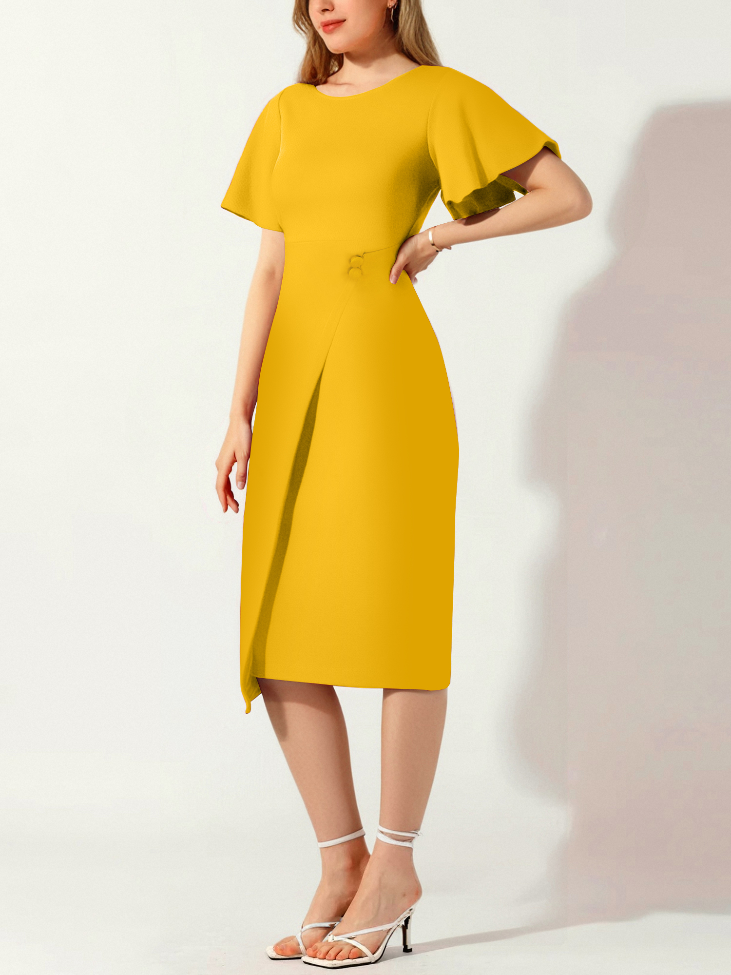 Elegant Flutter Ruffles Short Sleeves Solid Color Midi Slim Sheath Office Dress Yellow/S