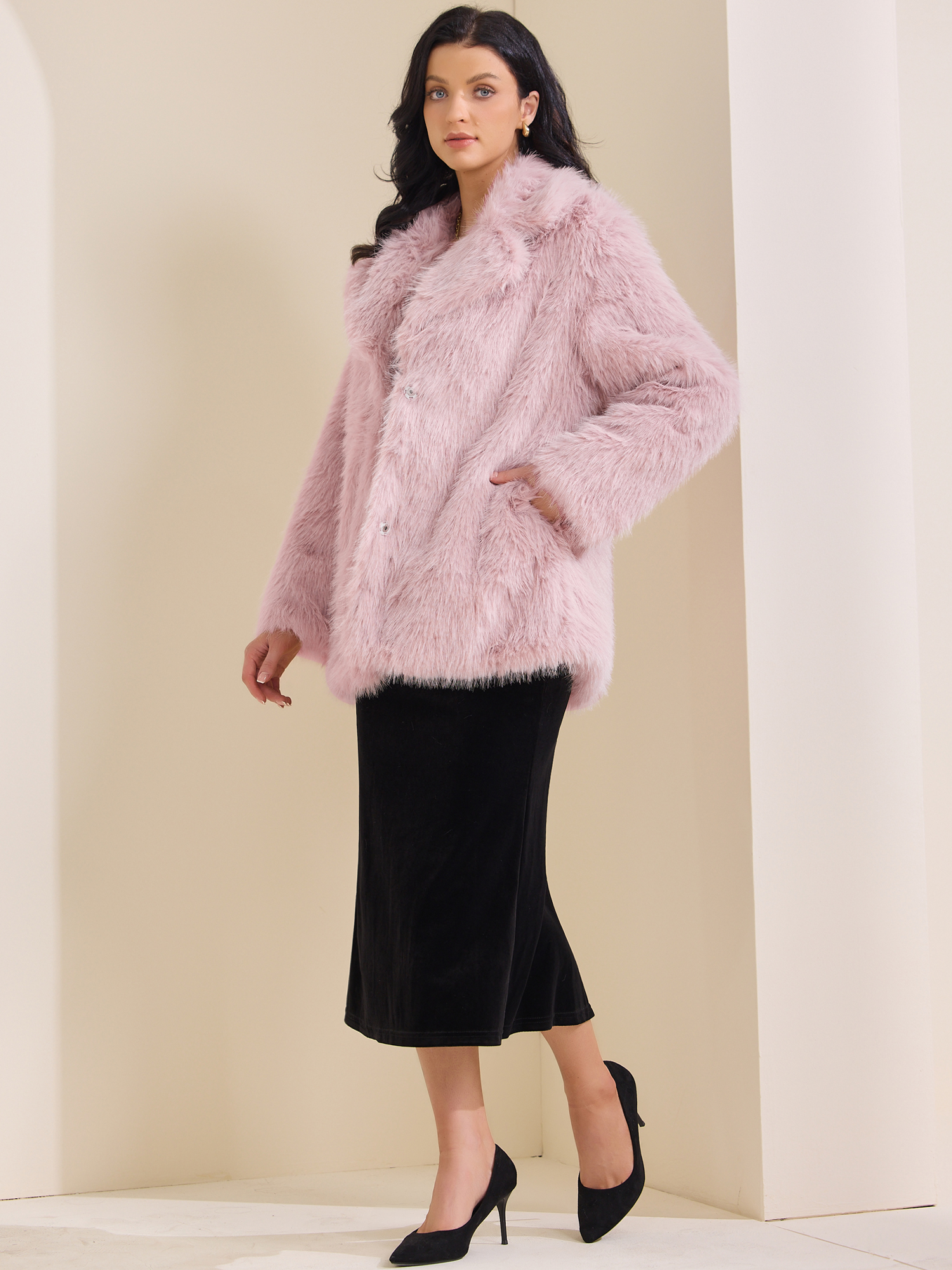 Faux Fur Fluffy Long Sleeve Lapel Winter Coat Pink/M