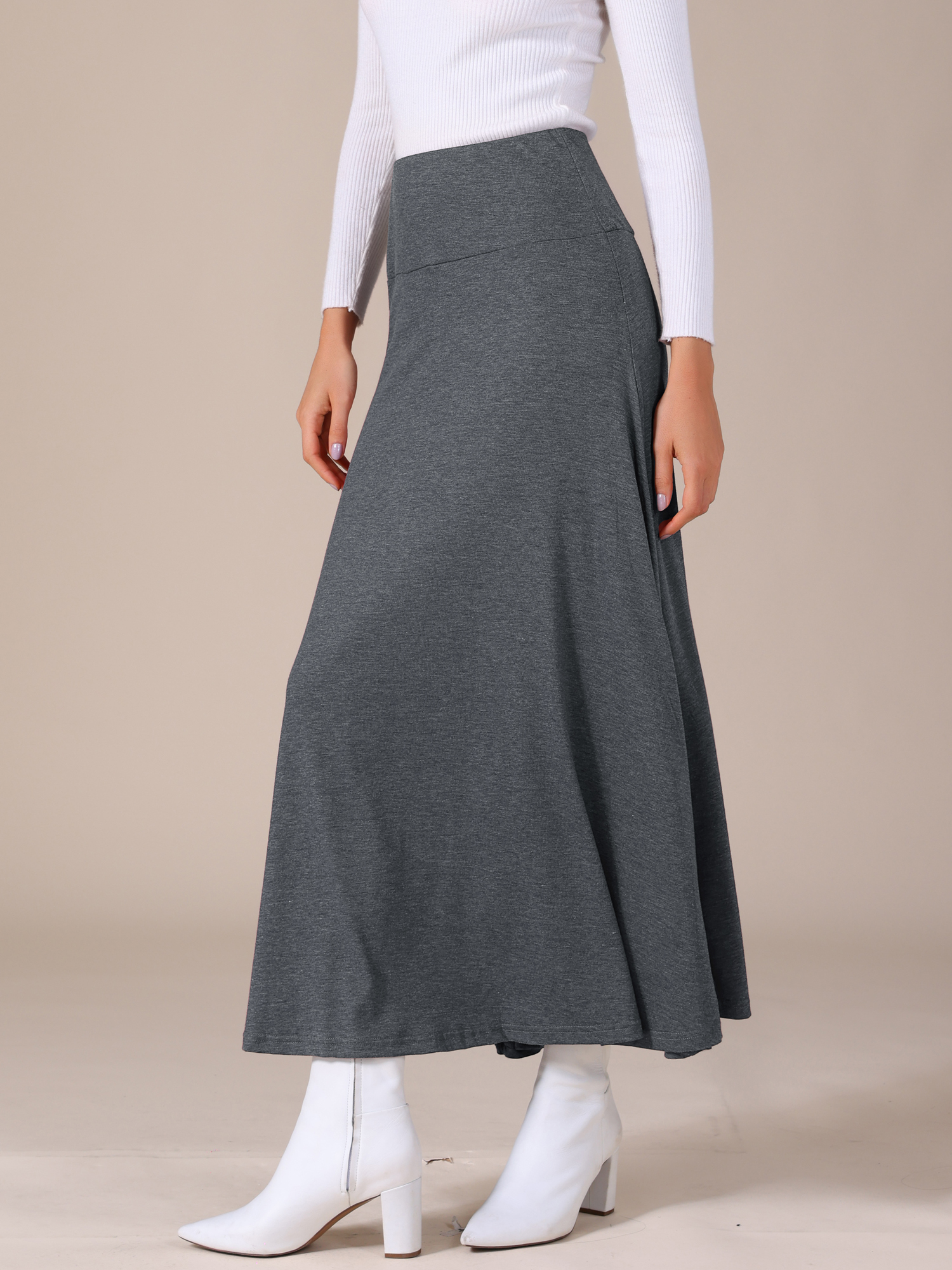 High Waisted Soft Stretch Flowy Flare Solid Casual Swing Maxi Skirt Dark Gray/L