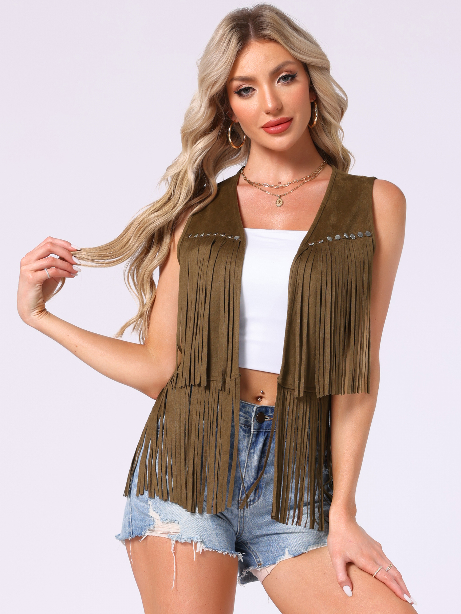 Fringe Open Front 70s Outfits Faux Suede Tassel Vest Brown/XS