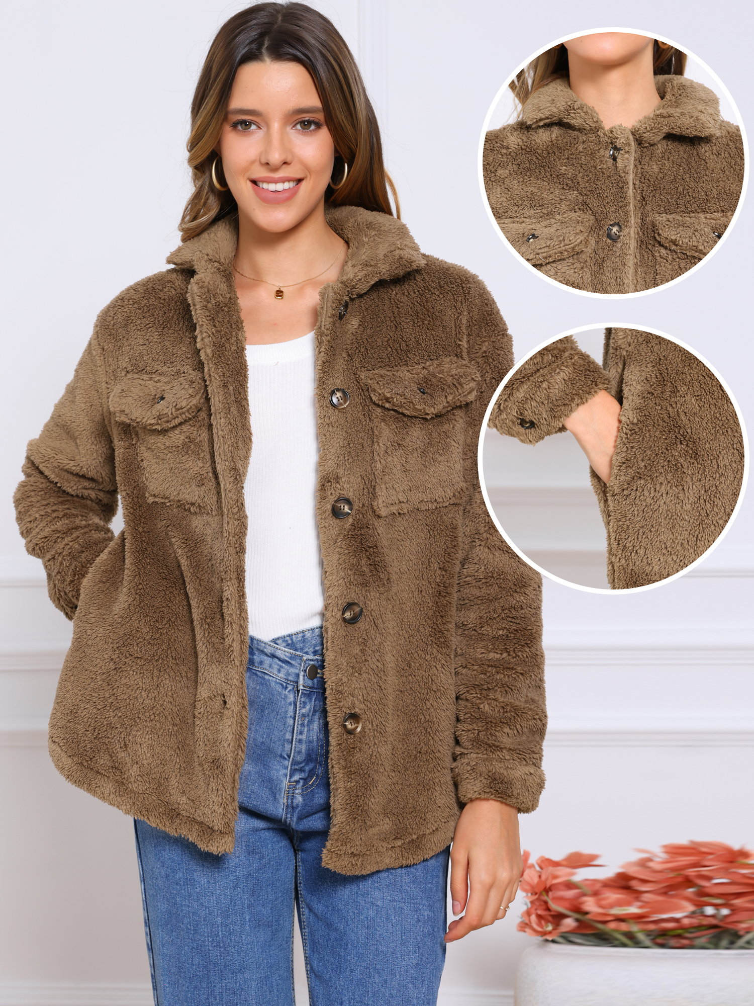 Faux Fur Long Sleeve Button Down Fleece Jacket Brown/S