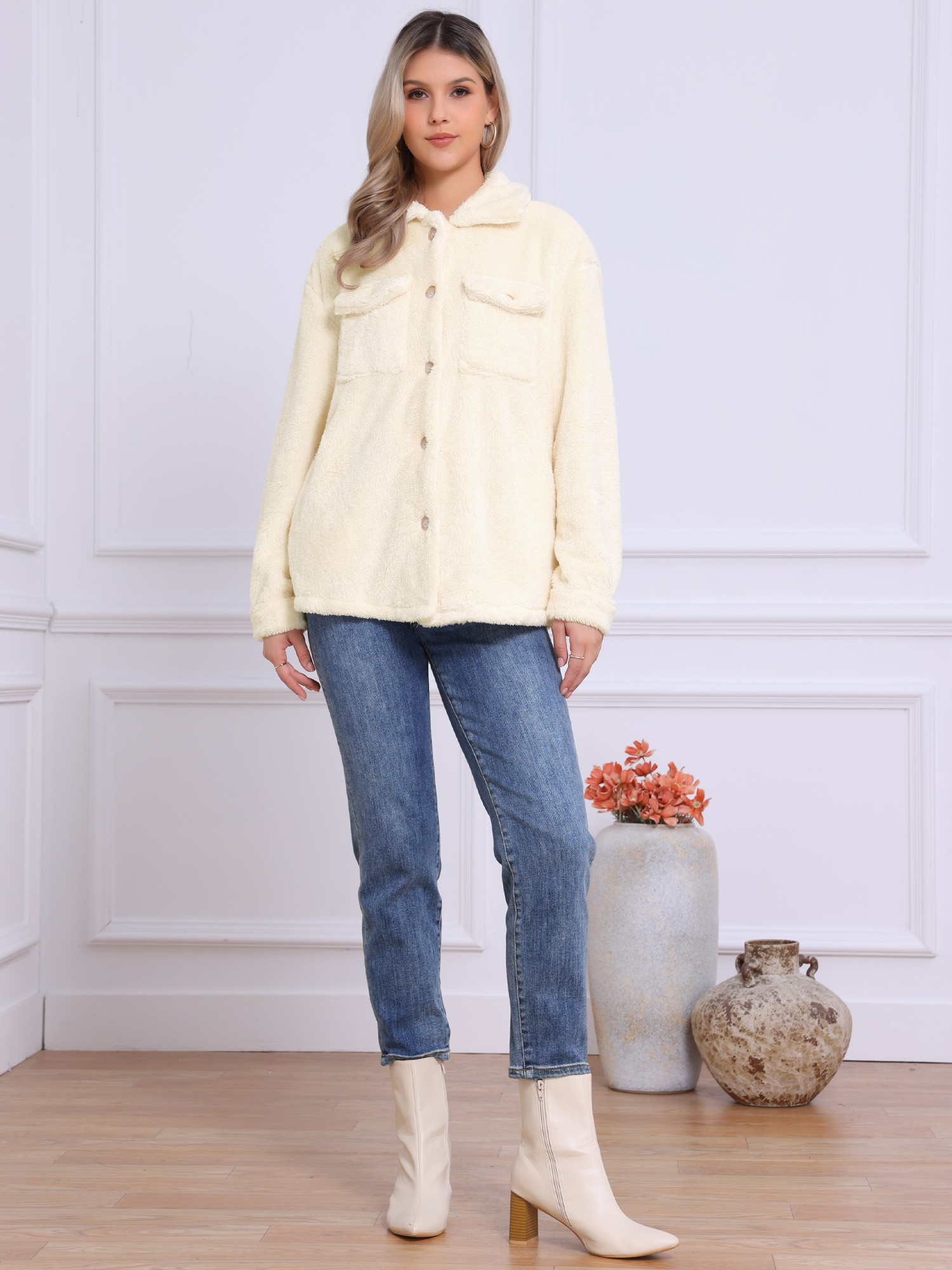 Faux Fur Long Sleeve Button Down Fleece Jacket Beige/S