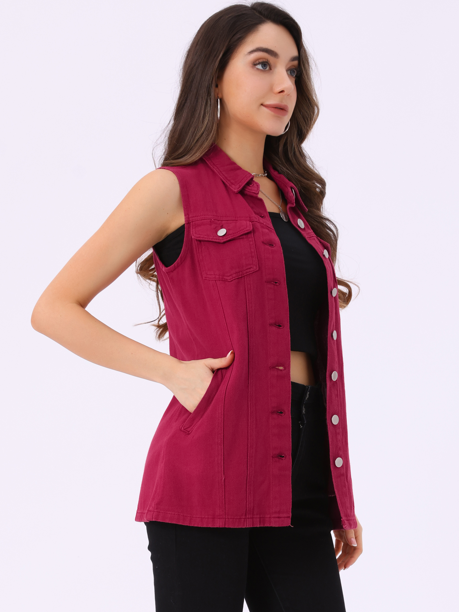Casual Button Down Waistcoat Sleeveless Mid Long Denim Vest Dark Red/XL