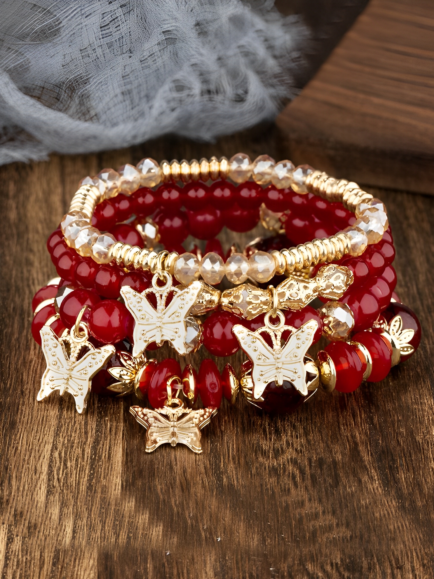 Bohemian Multi-Layered Beaded Butterfly Pendant Bracelets Red/ONE SIZE