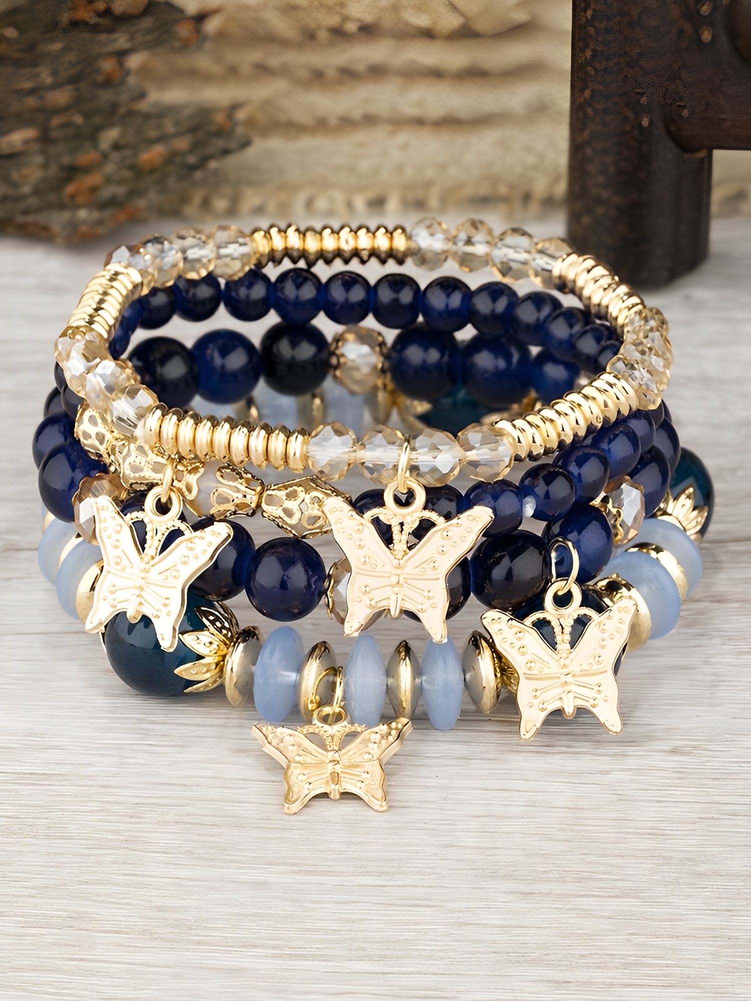 Bohemian Multi-Layered Beaded Butterfly Pendant Bracelets Navy Blue/ONE SIZE