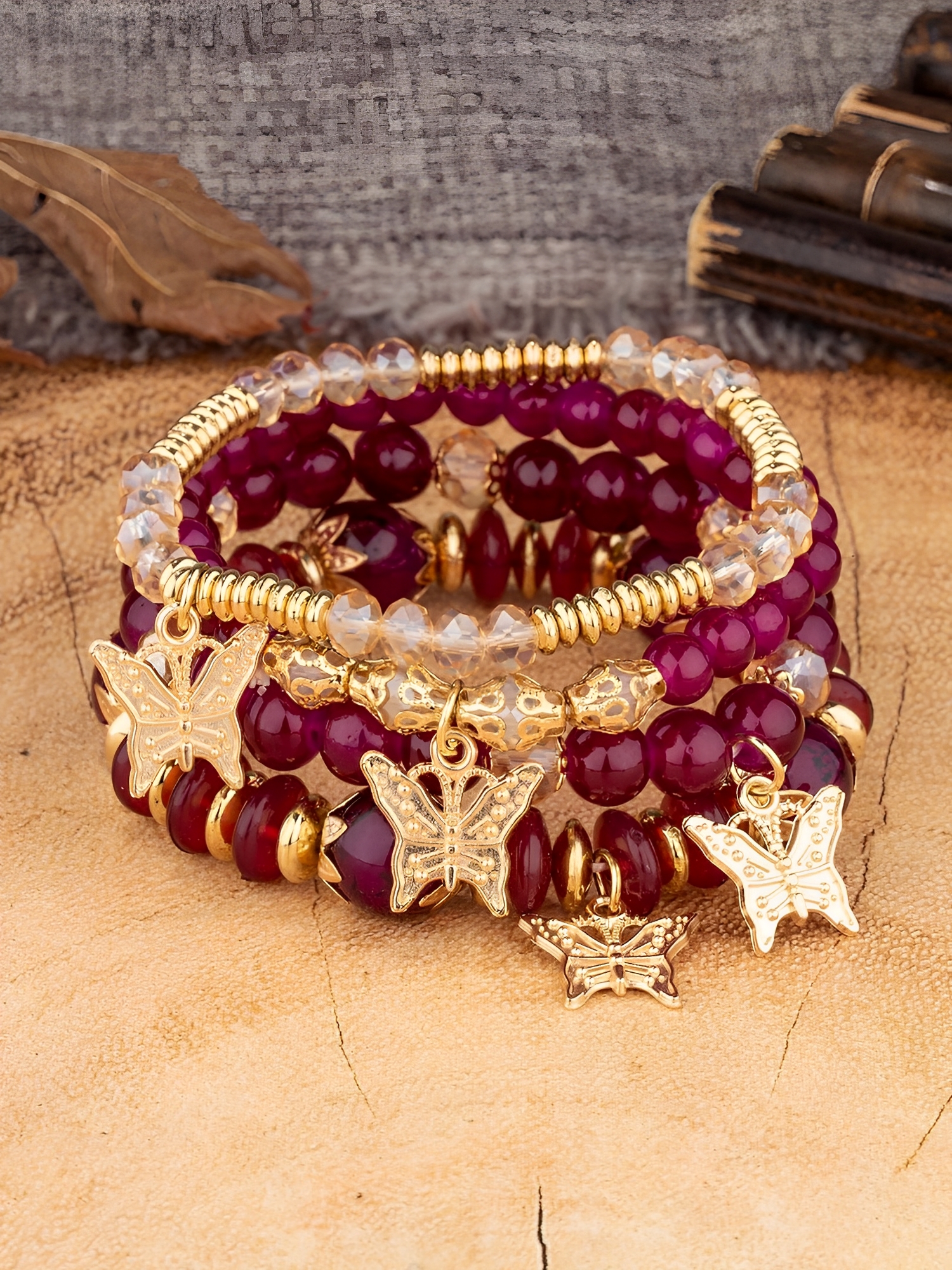 Bohemian Multi-Layered Beaded Butterfly Pendant Bracelets Purple/ONE SIZE