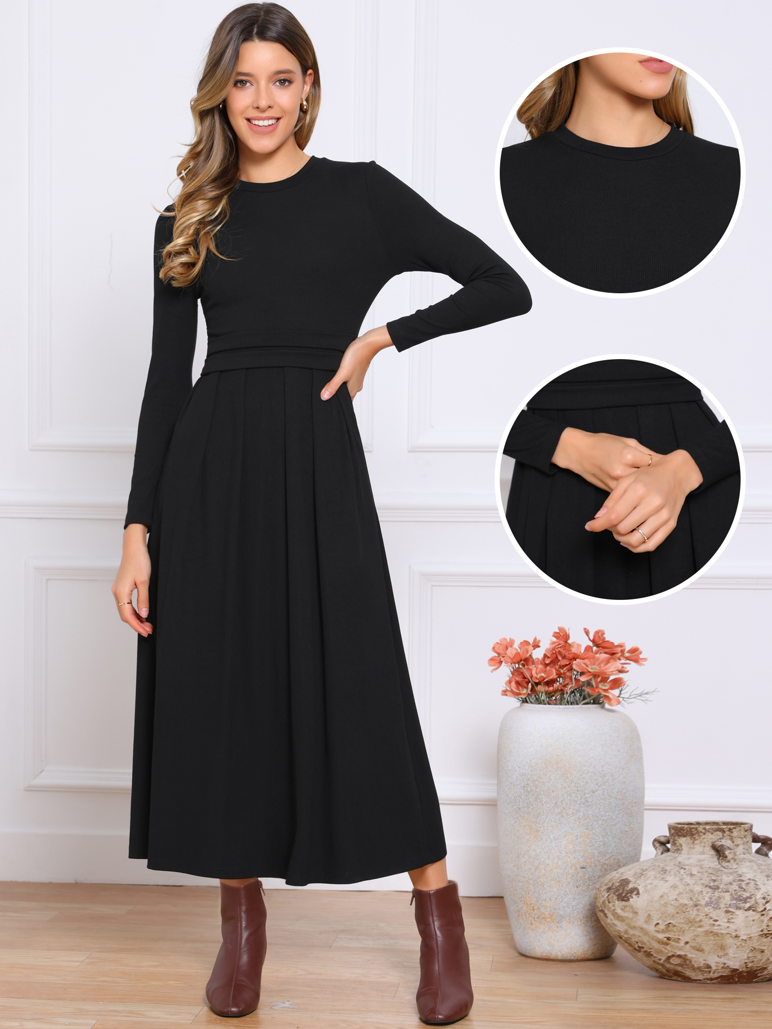 Allegra – Crew Neck Long Sleeve Pocketed A-Line Sweater Dresses Black/S