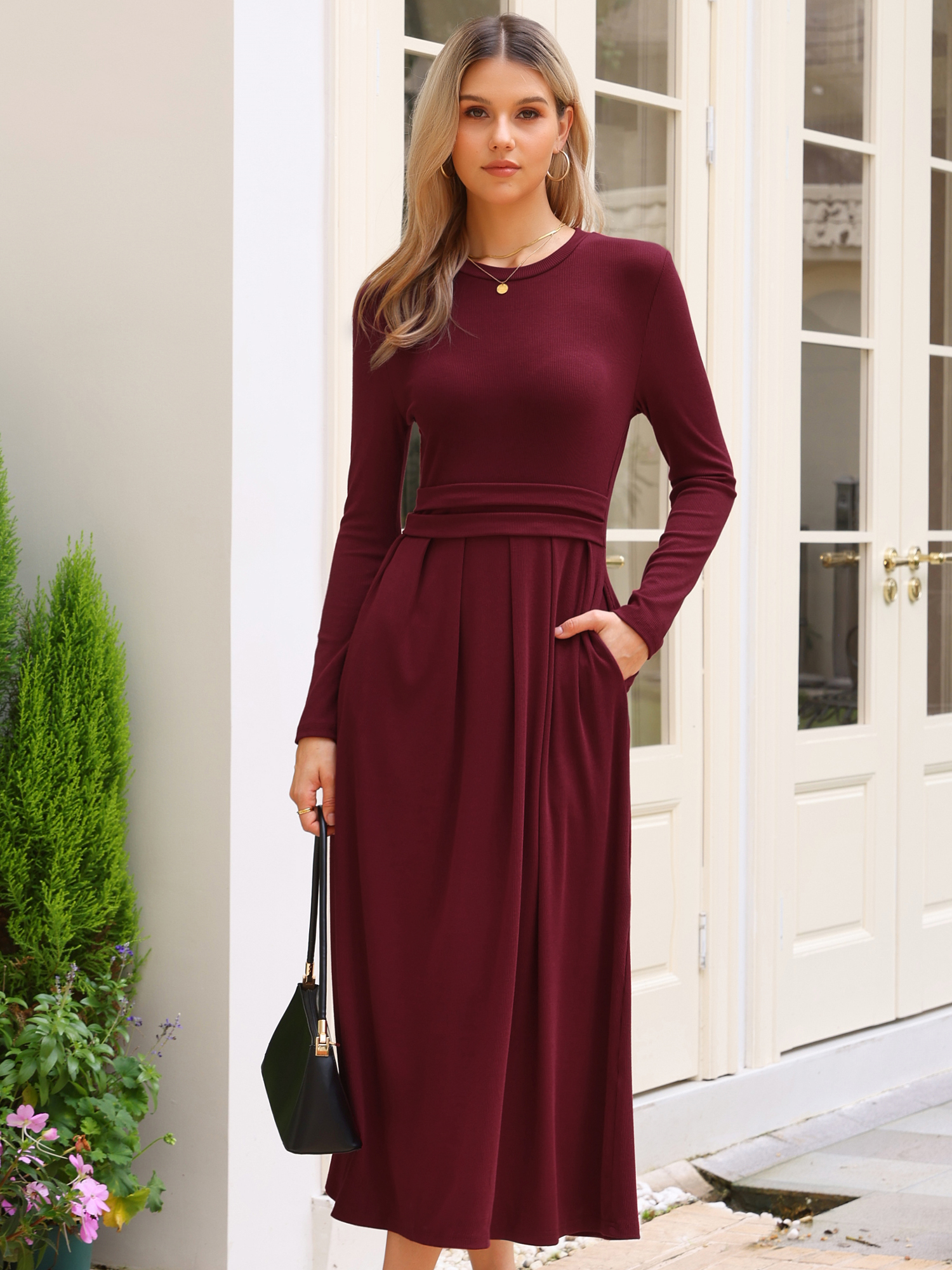 Allegra – Crew Neck Long Sleeve Pocketed A-Line Sweater Dresses Burgundy/M