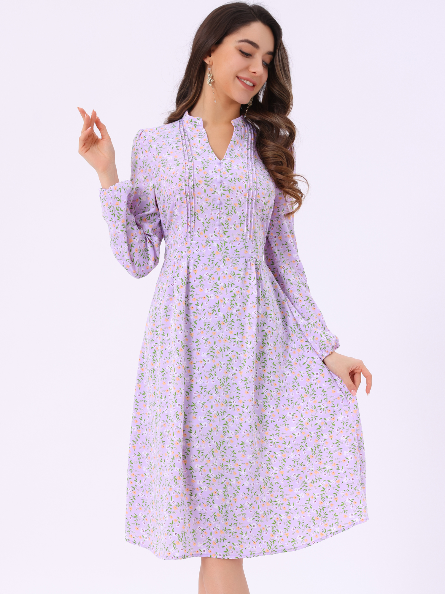 Floral Print Long Sleeve Spring Flowy Midi Boho Dress Dark Purple/L