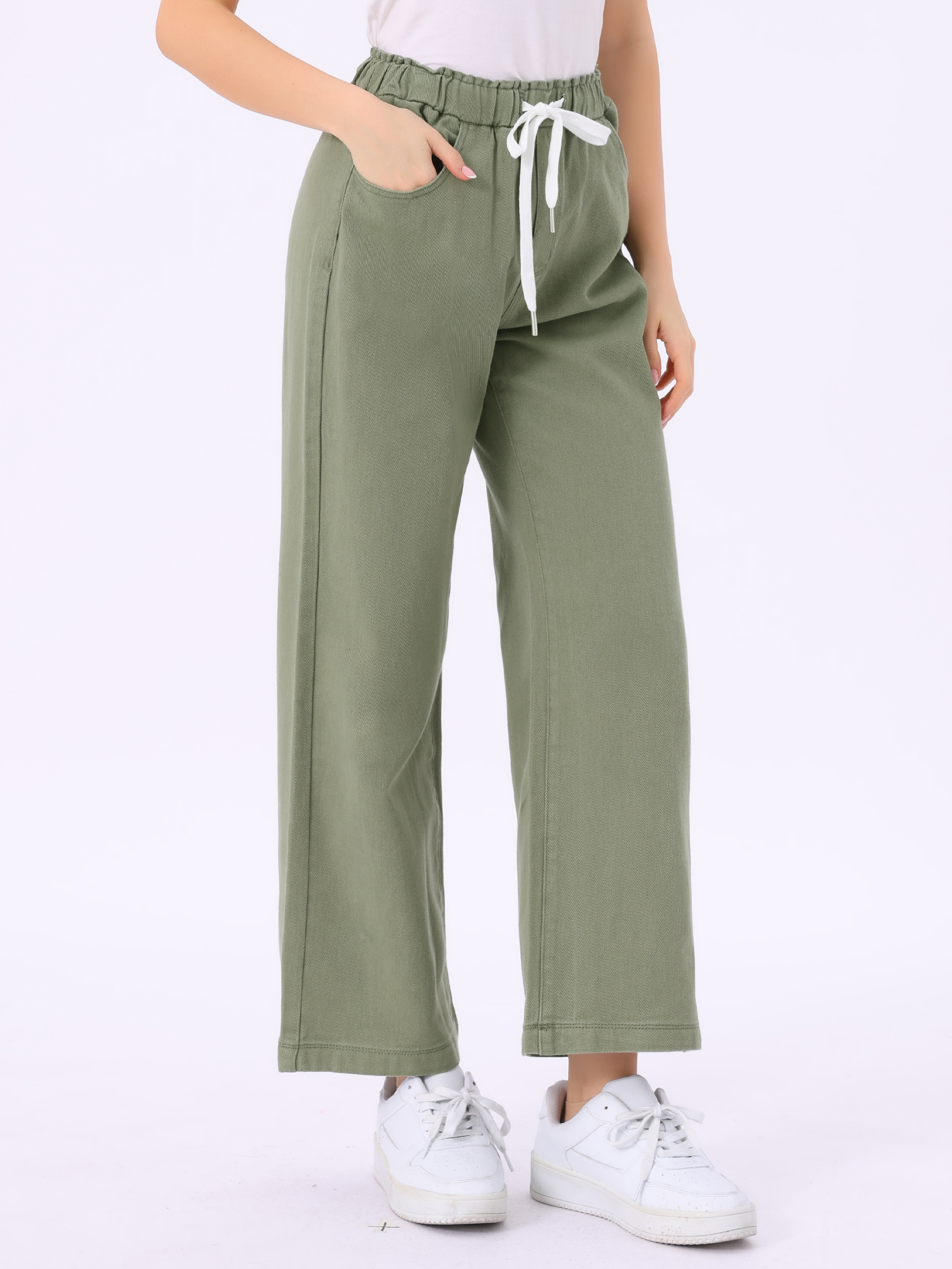 Casual Denim Pants Drawstring Elastic Waist Wide Legs Jeans Army Green/M