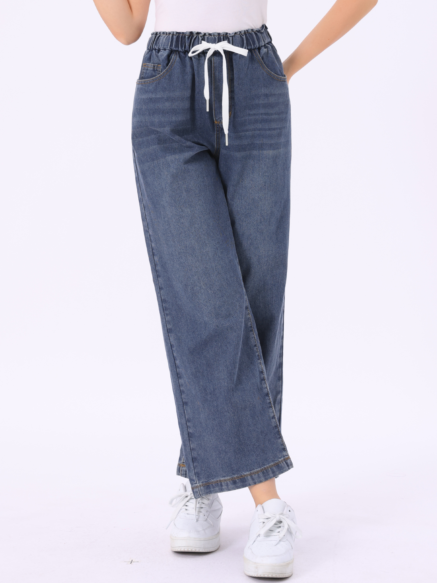 Casual Denim Pants Drawstring Elastic Waist Wide Legs Jeans Grey Blue/L