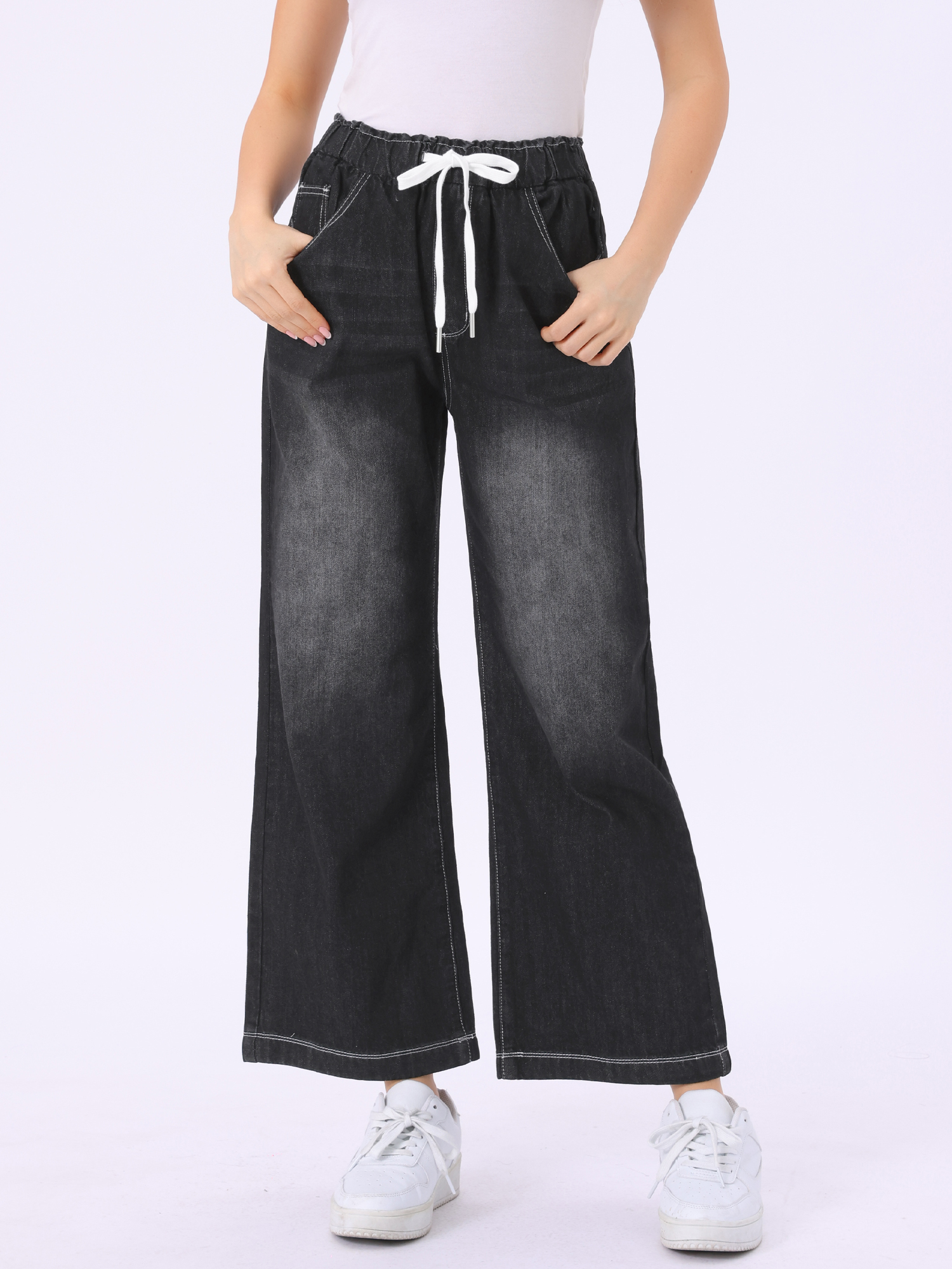 Casual Denim Pants Drawstring Elastic Waist Wide Legs Jeans Black/S