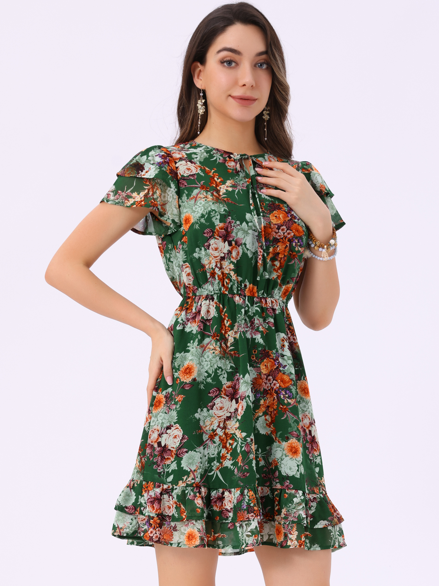 Ruffle Sleeve V Neck Above Knee A-Line Floral Chiffon Dress Emerald Green/L