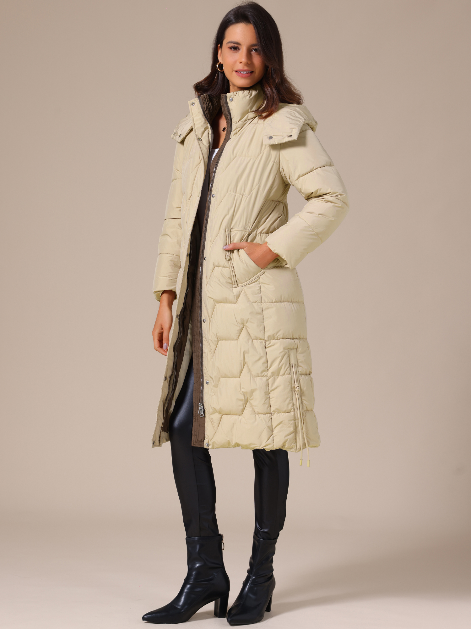 Winter Long Hooded Zip Up Puffer Down Jackets Khaki/M