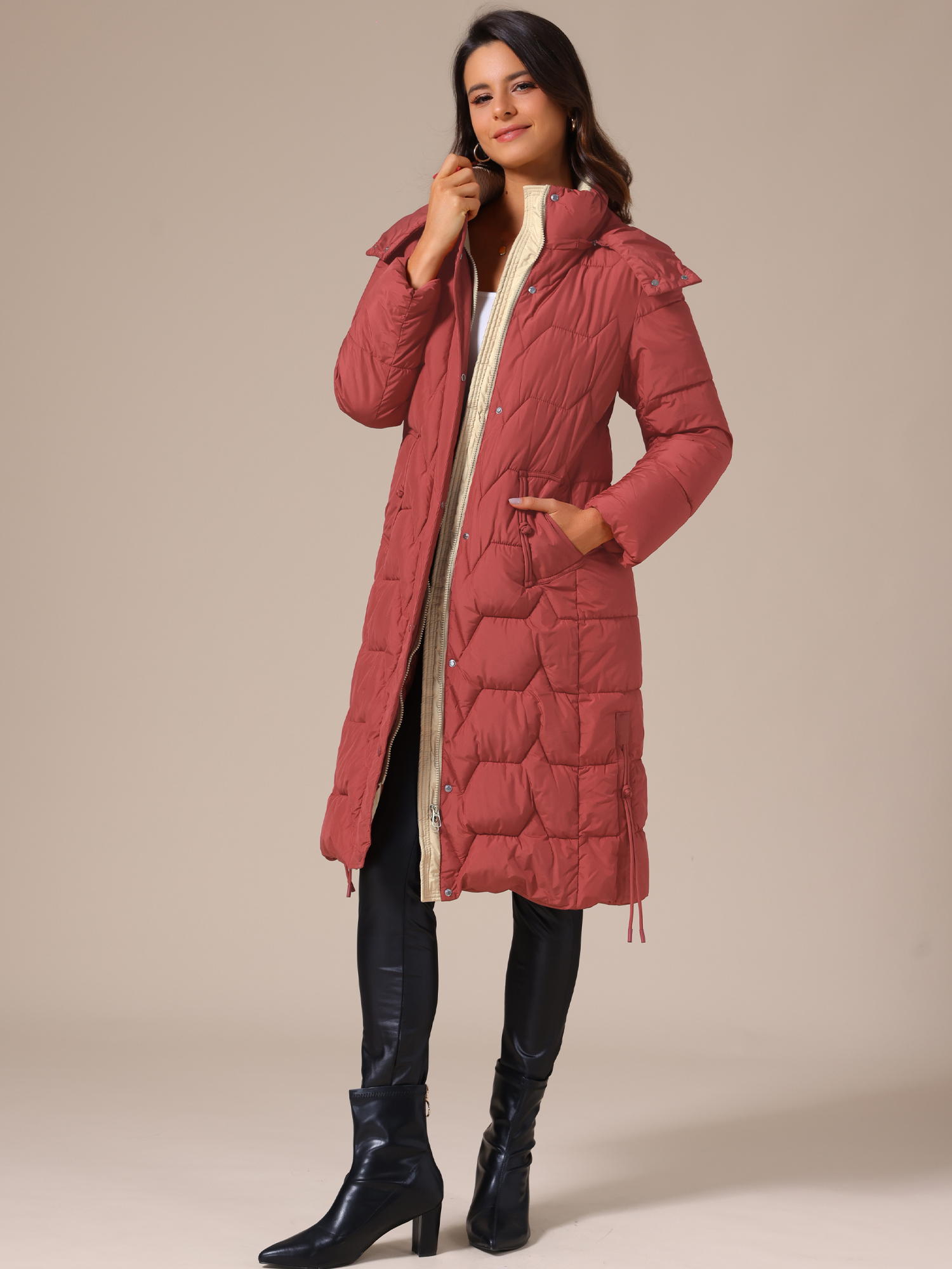 Winter Long Hooded Zip Up Puffer Down Jackets Red/S