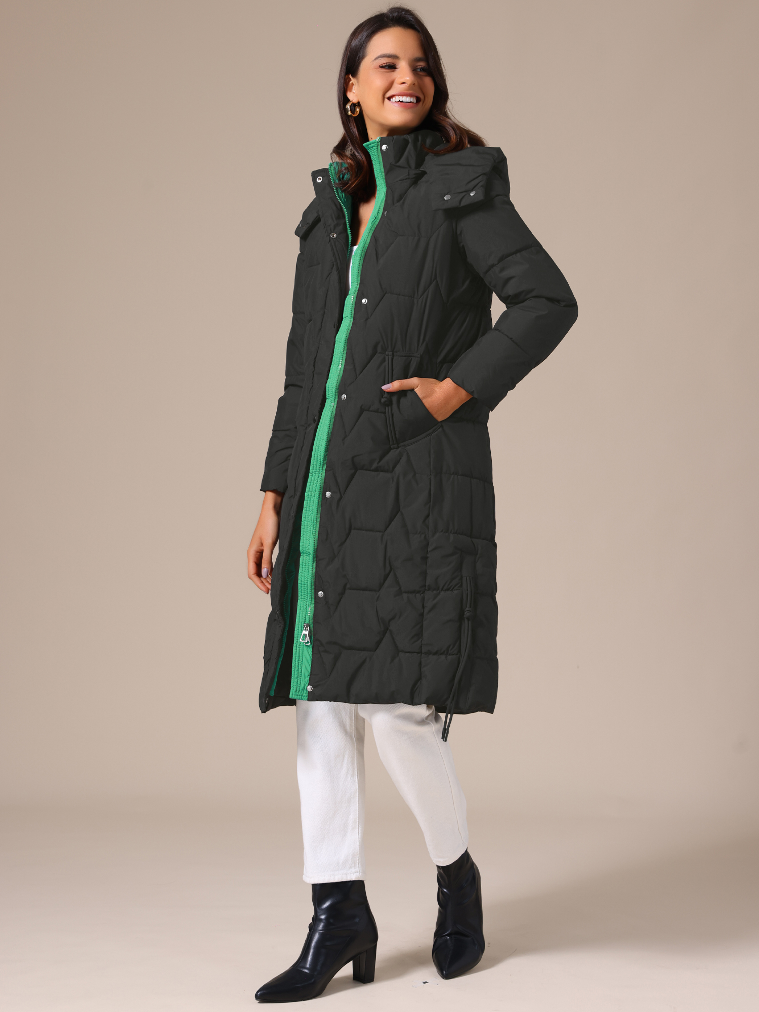 Winter Long Hooded Zip Up Puffer Down Jackets Black/L