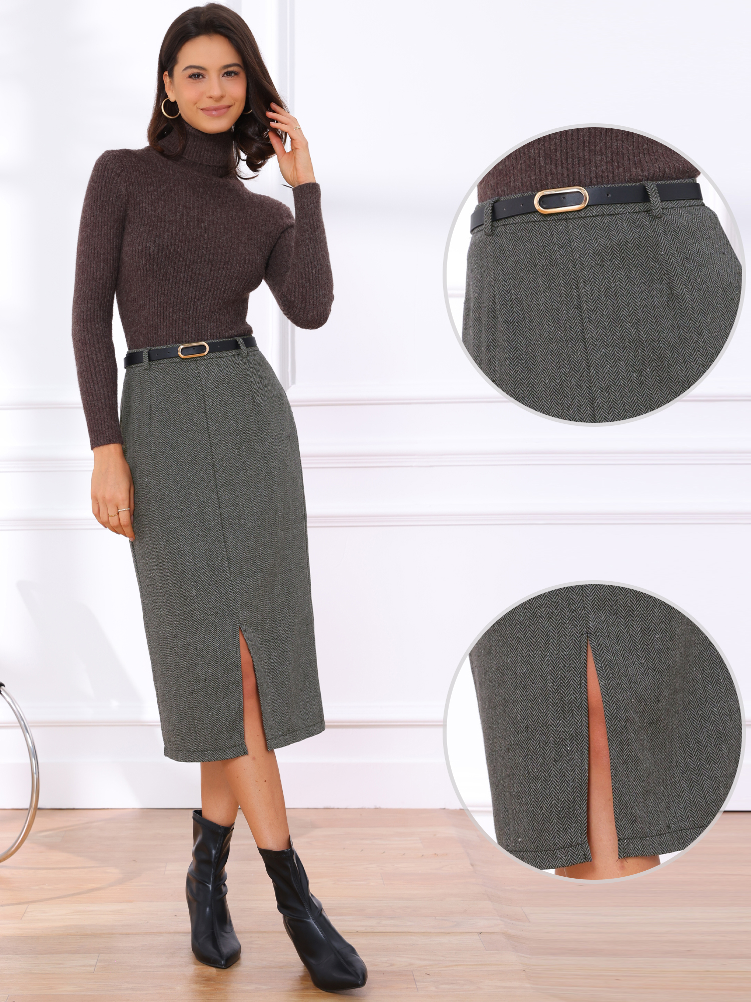 High Waisted Slit Belted Office Work Midi Pencil Skirt Black/L