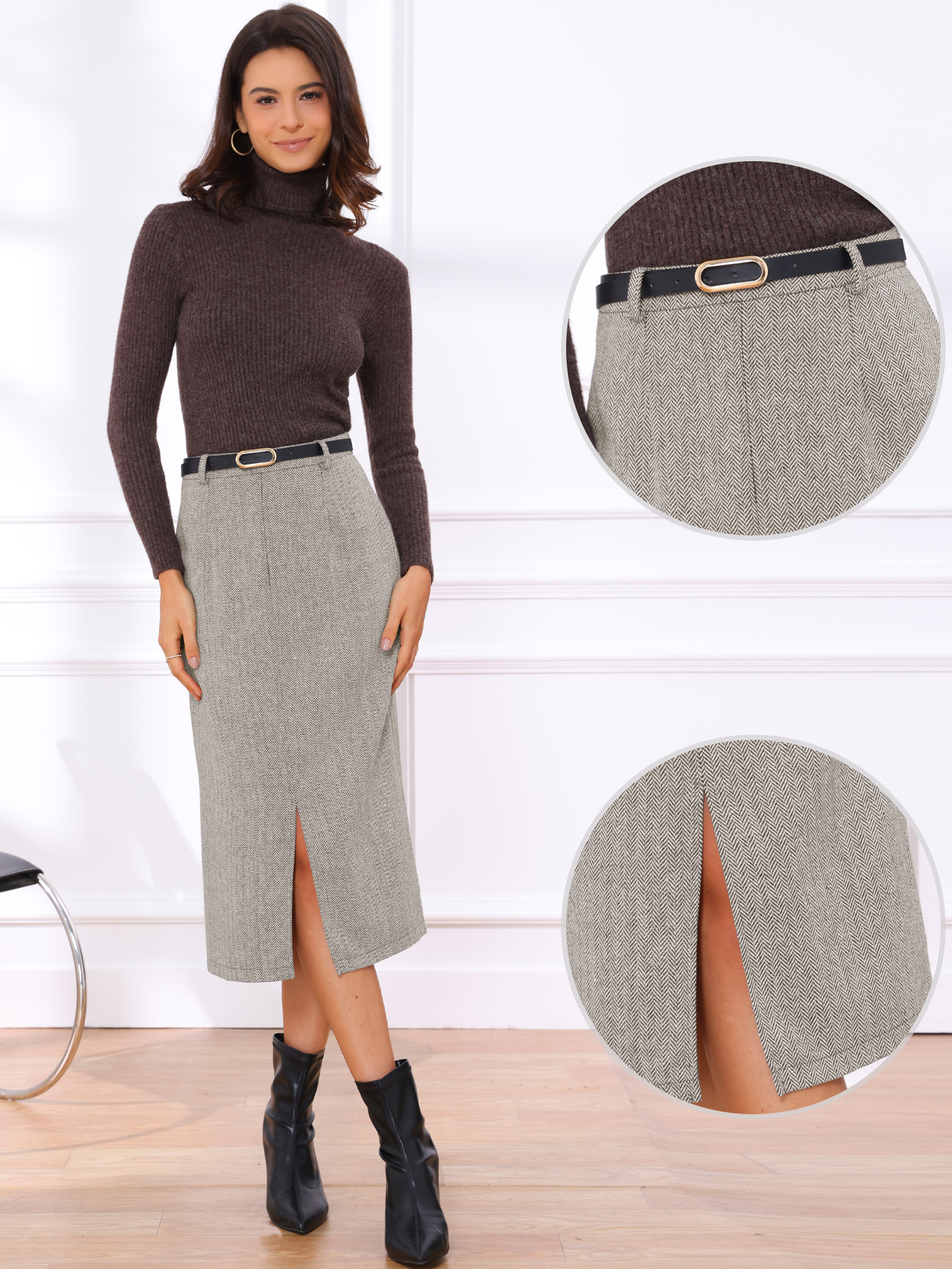 High Waisted Slit Belted Office Work Midi Pencil Skirt Coffee/XL
