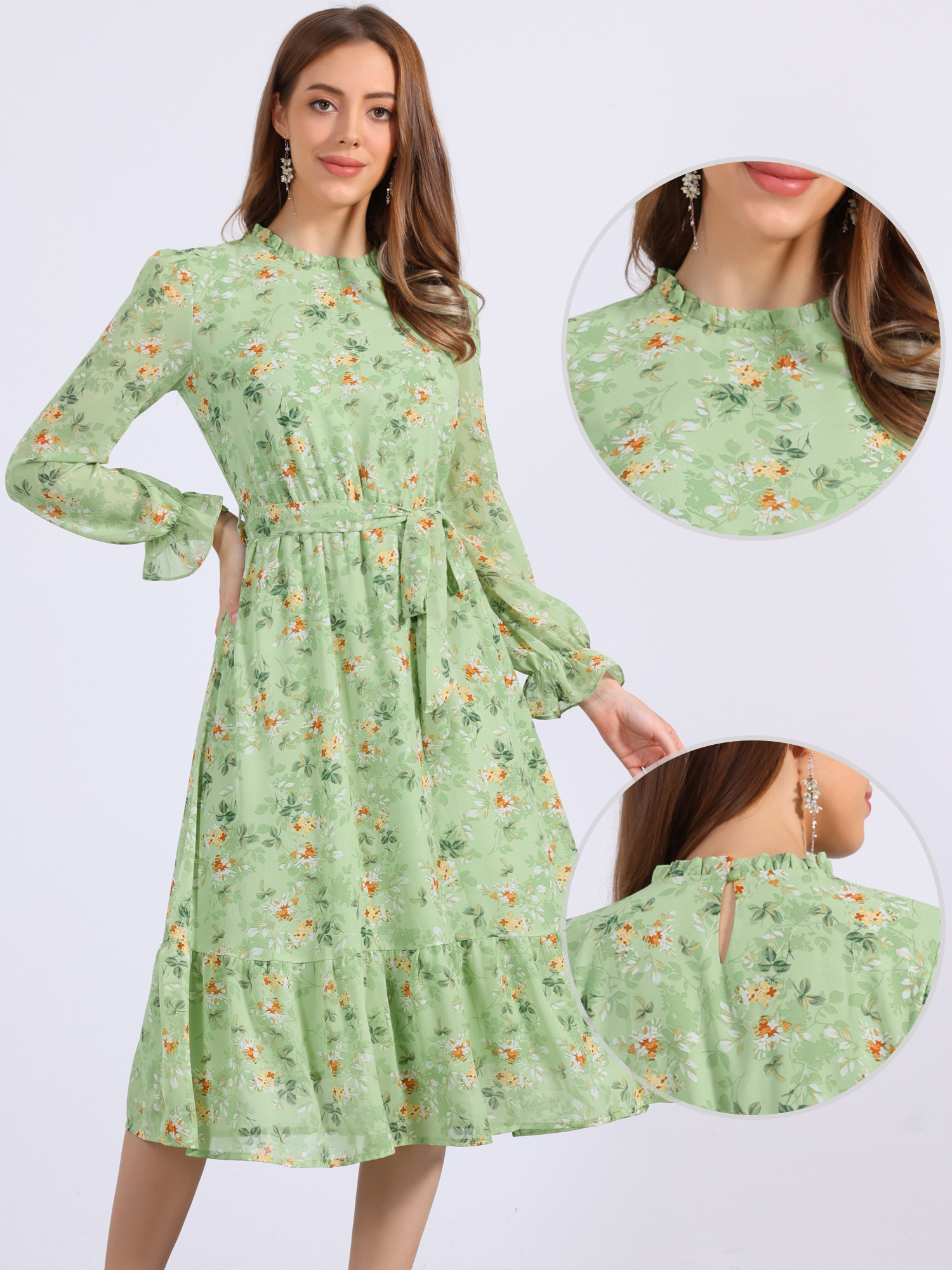 Floral Long Sleeve Belted Flowy Chiffon Midi Dress Green/L