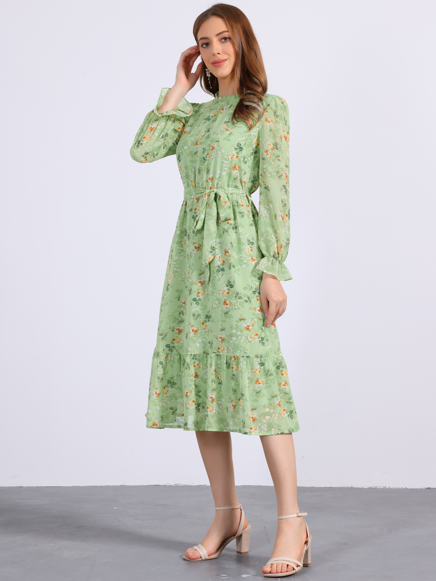 Floral Long Sleeve Belted Flowy Chiffon Midi Dress Green/XL