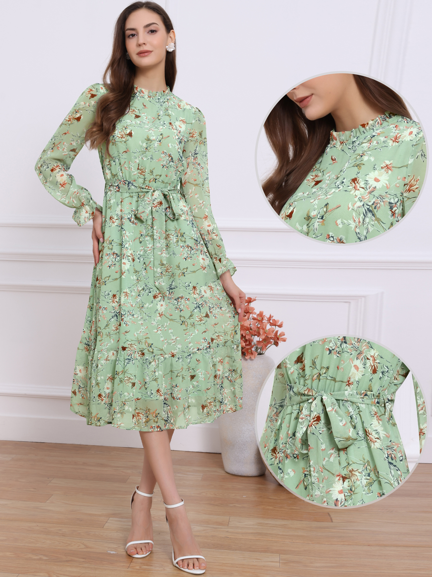 Floral Long Sleeve Belted Flowy Chiffon Midi Dress Grey Green/XS