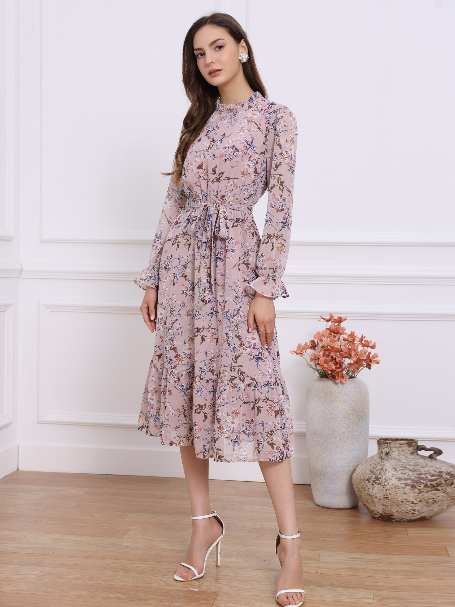 Floral Long Sleeve Belted Flowy Chiffon Midi Dress Pink/XS