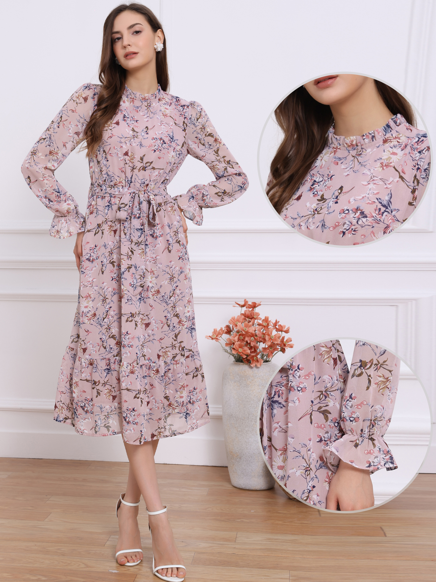 Floral Long Sleeve Belted Flowy Chiffon Midi Dress Pink/L