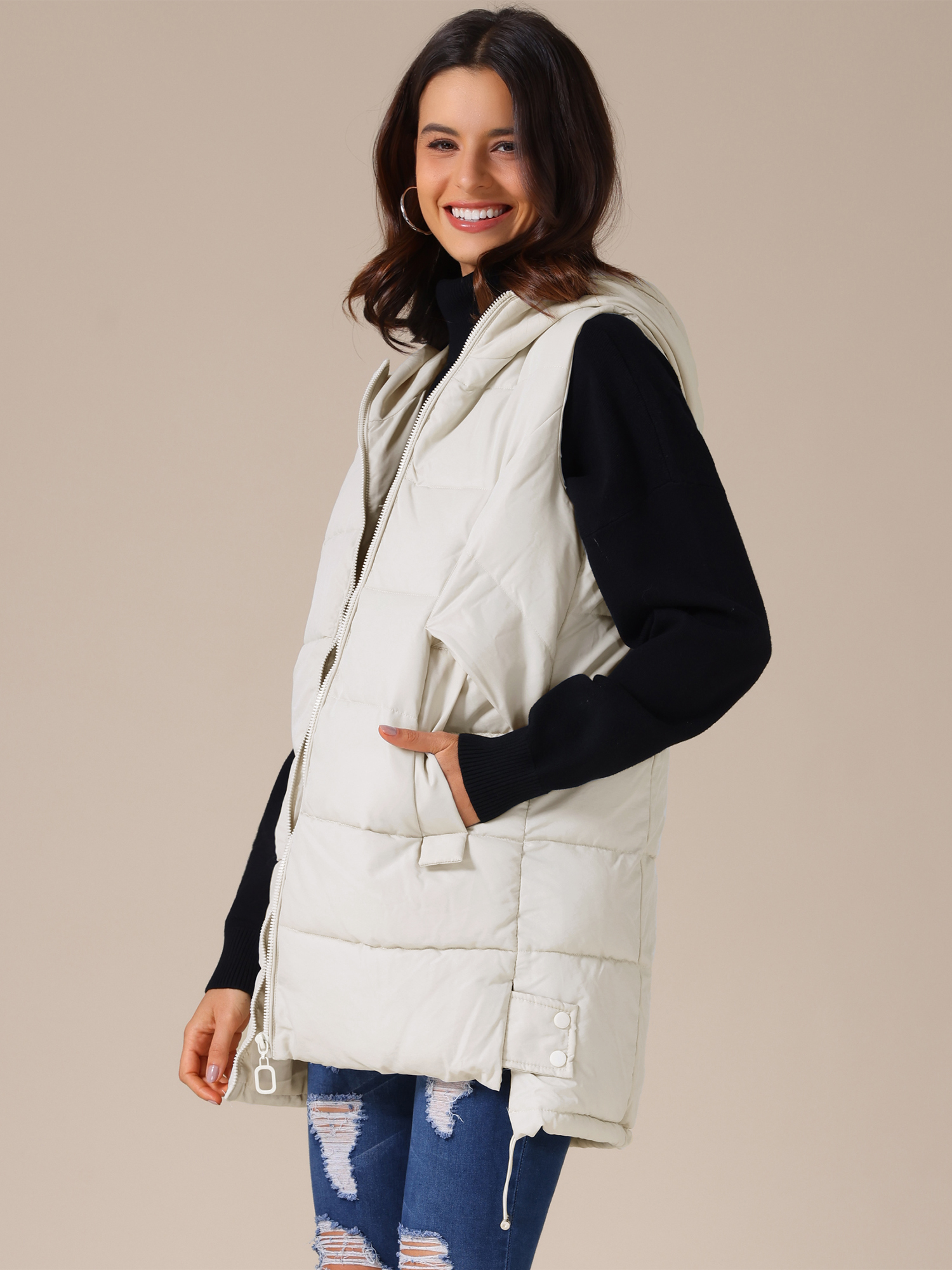 Hooded Sleeveless Pockets Puffer Vest Down Jackets Beige/M