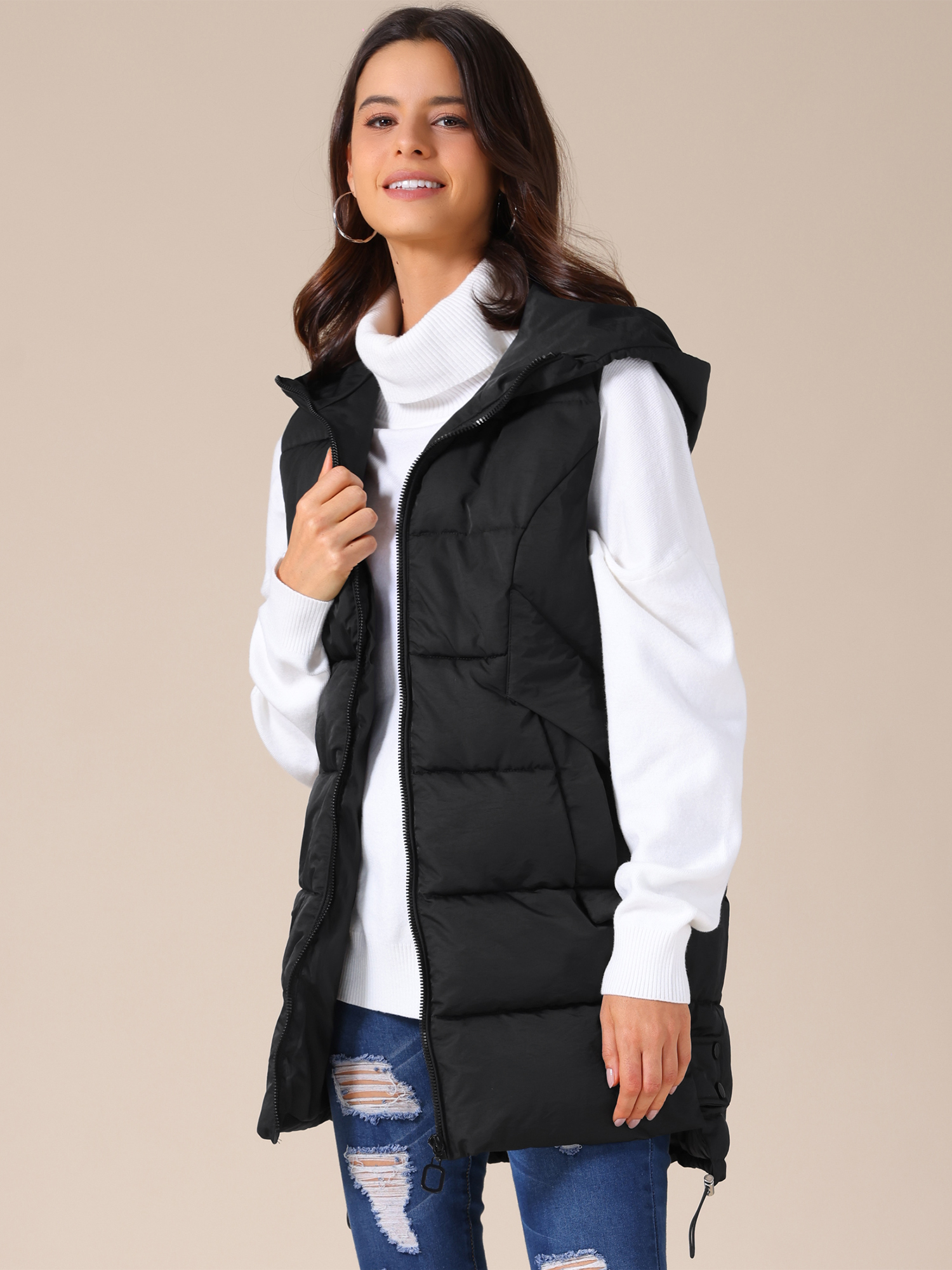 Hooded Sleeveless Pockets Puffer Vest Down Jackets Black/XL