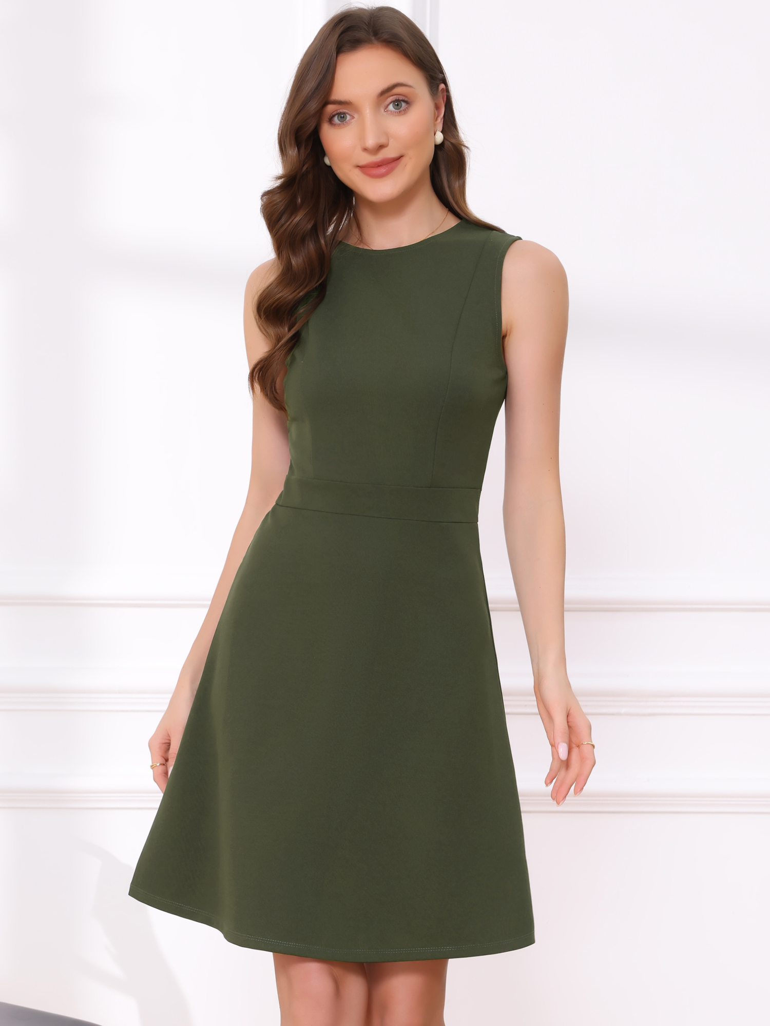 Round Neck Solid Color Sleeveless A-Line Work Midi Dress Moss Green/L