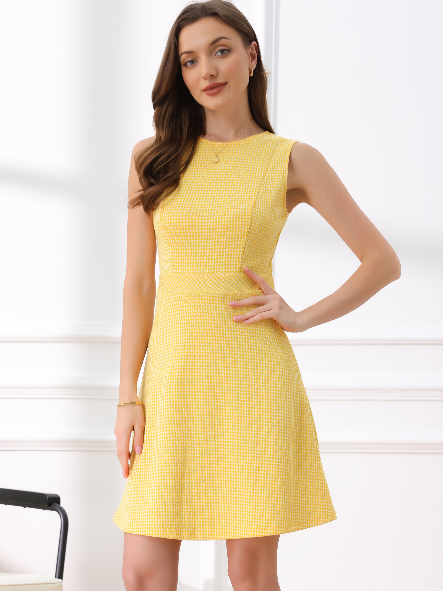 Plaid Sleeveless Fit and Flare Houndstooth Work Dress Yellow/S