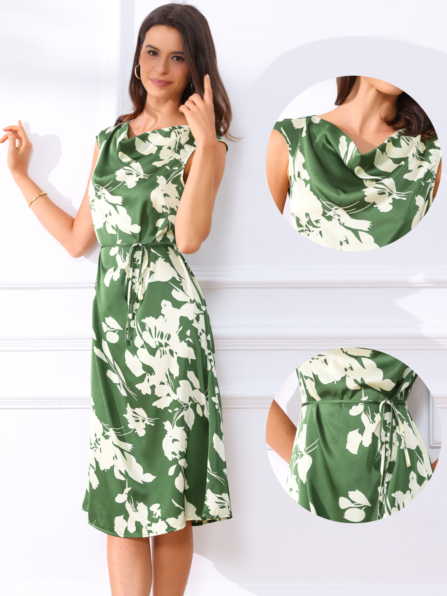 Floral Cowl Neck Cap Sleeve Midi Dress Dark Green/XL