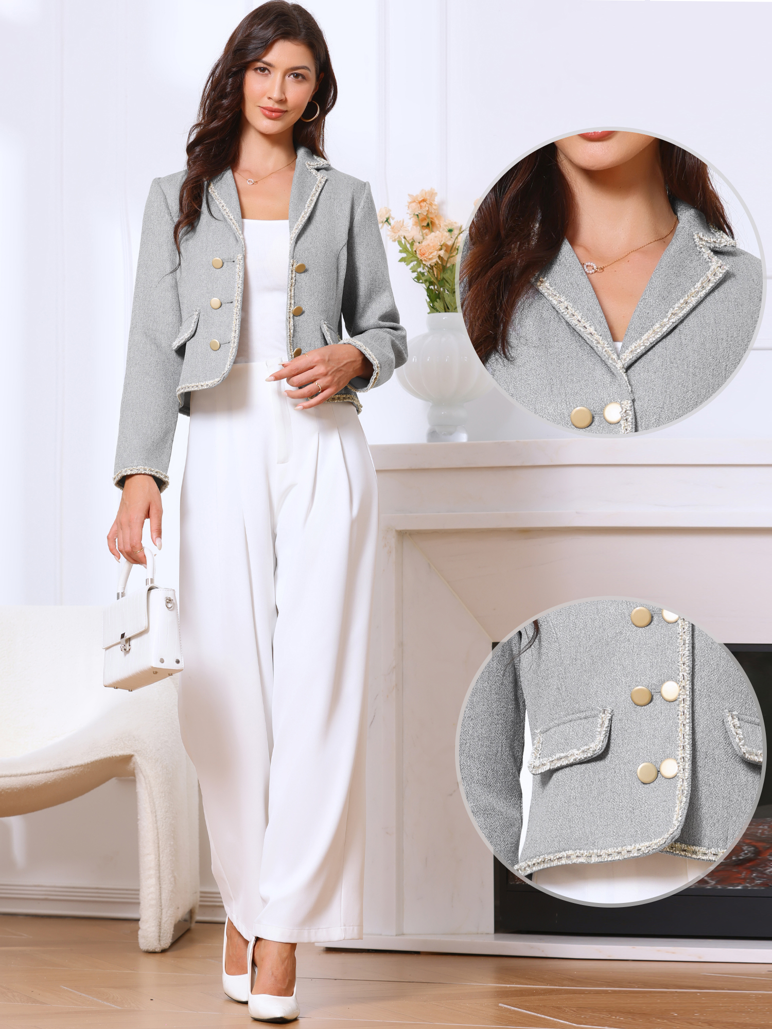 Notched Lapel Long Sleeve Dressy Casual Tweed Jacket Gray/S