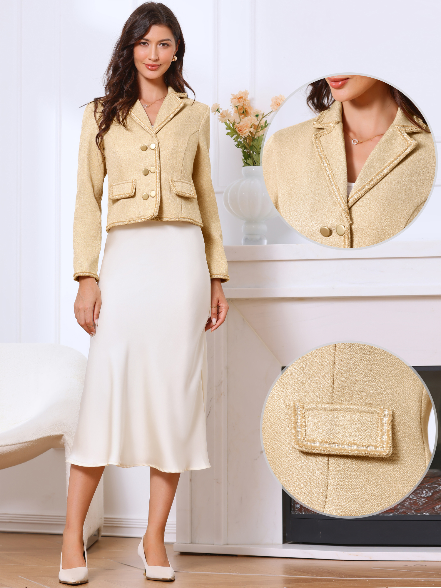 Notched Lapel Long Sleeve Dressy Casual Tweed Jacket Apricot/M