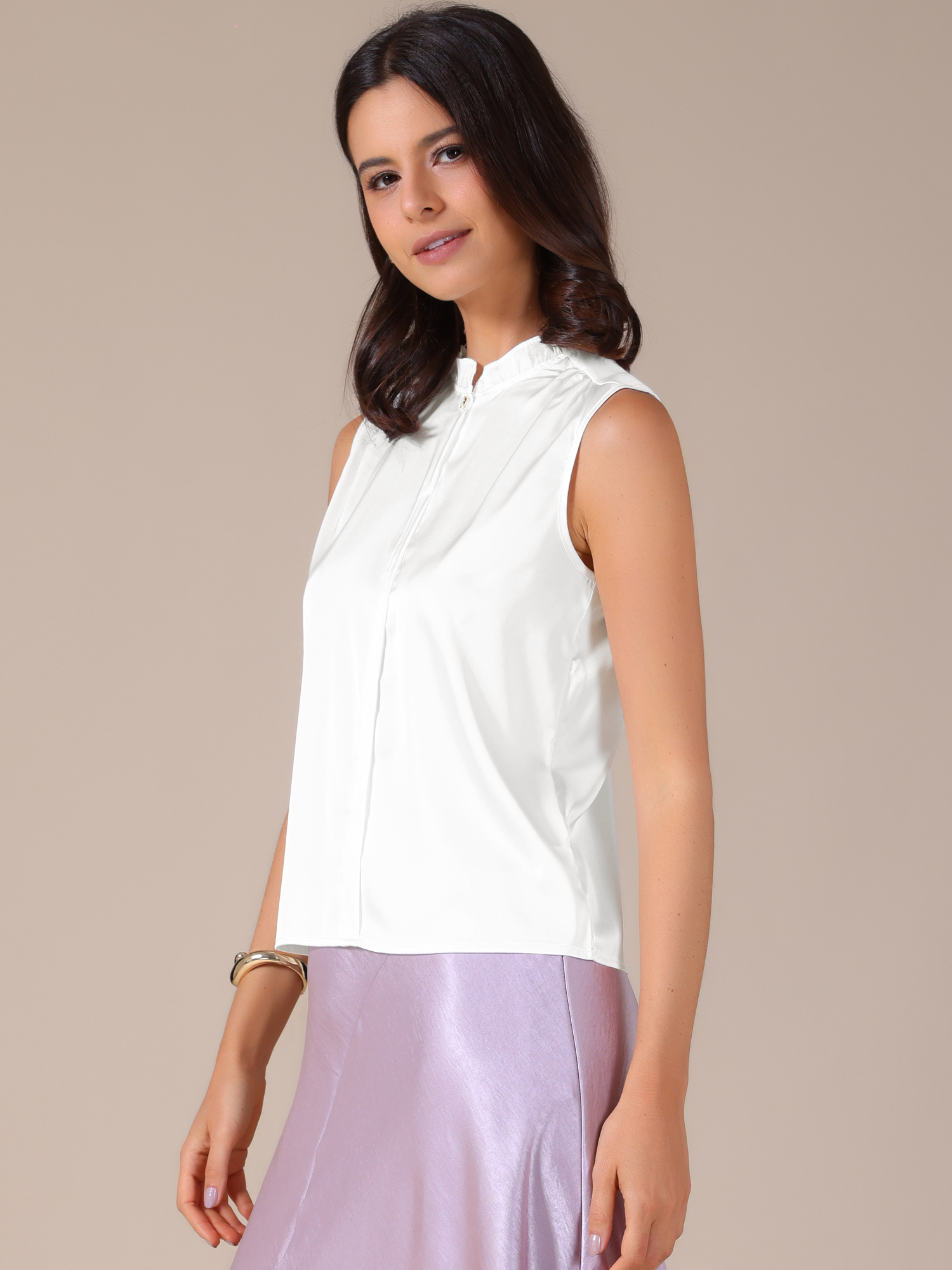 Satin Sleeveless Ruffle Mock Neck Work Blouse White/XS