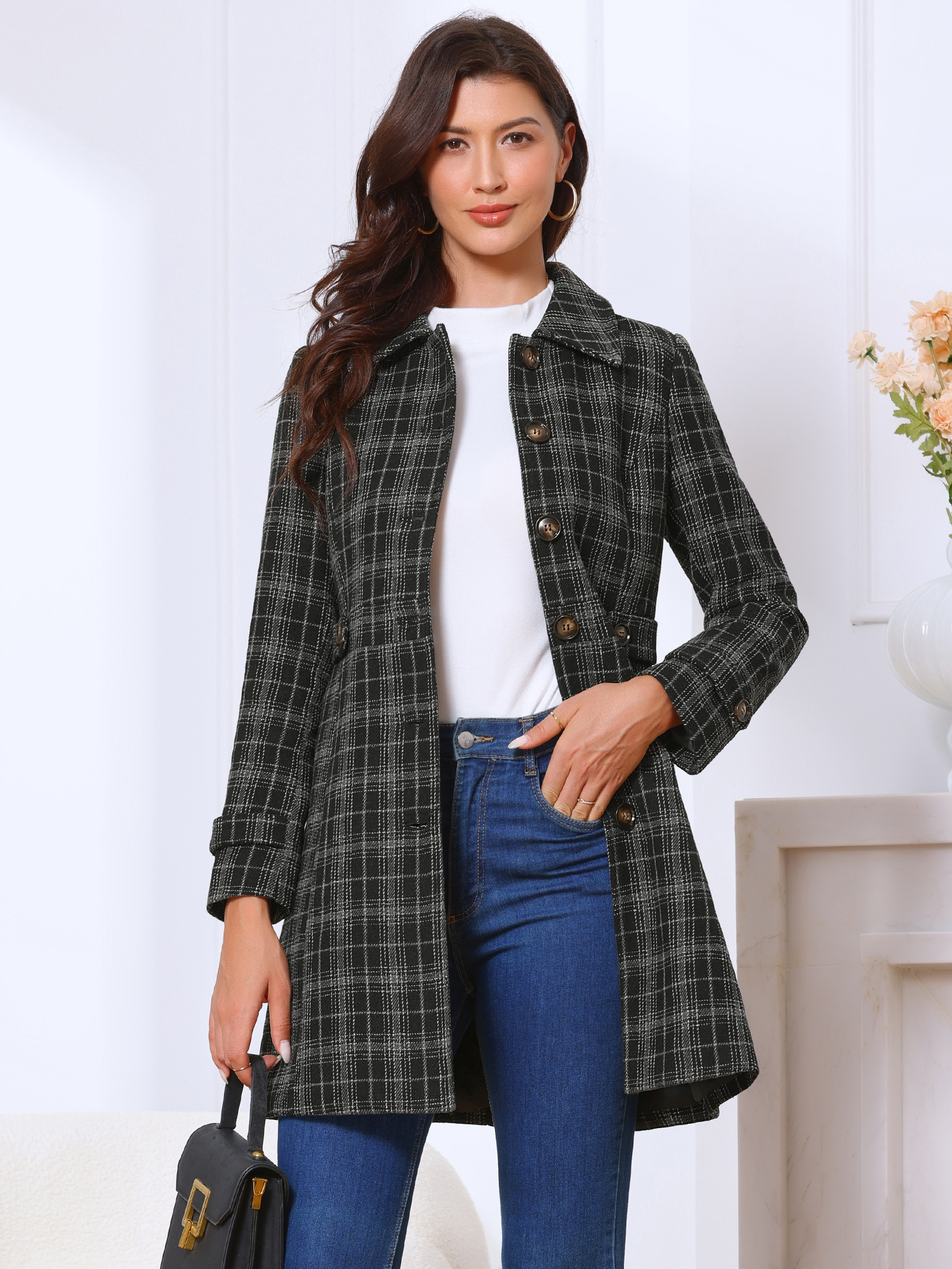 Single Breasted Plaid Long Sleeves Pocketed Pea Coat Black/XL
