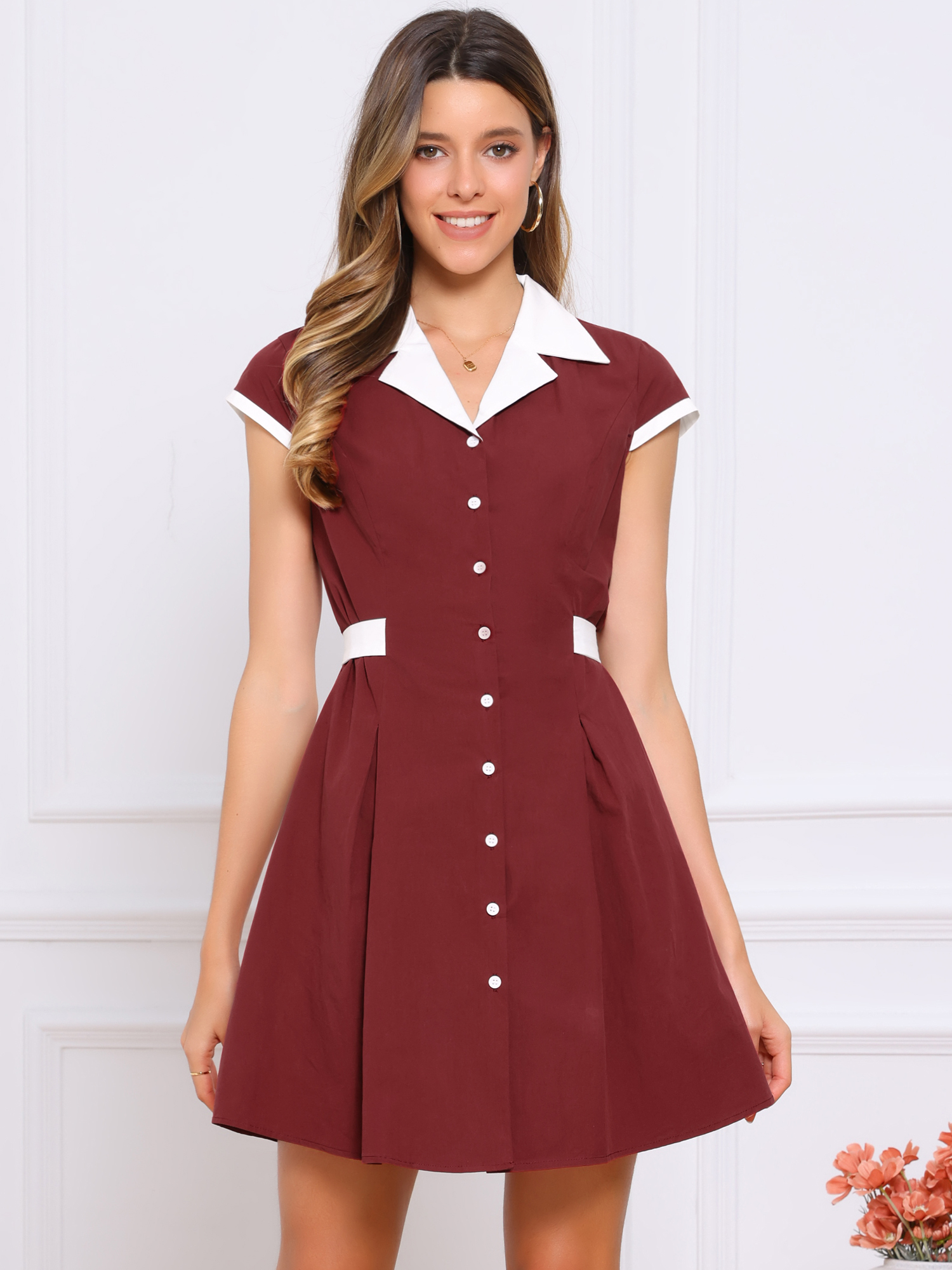 Retro Button Down Flat Collar Belted Office Mini Shirt Dress Wine Red/M