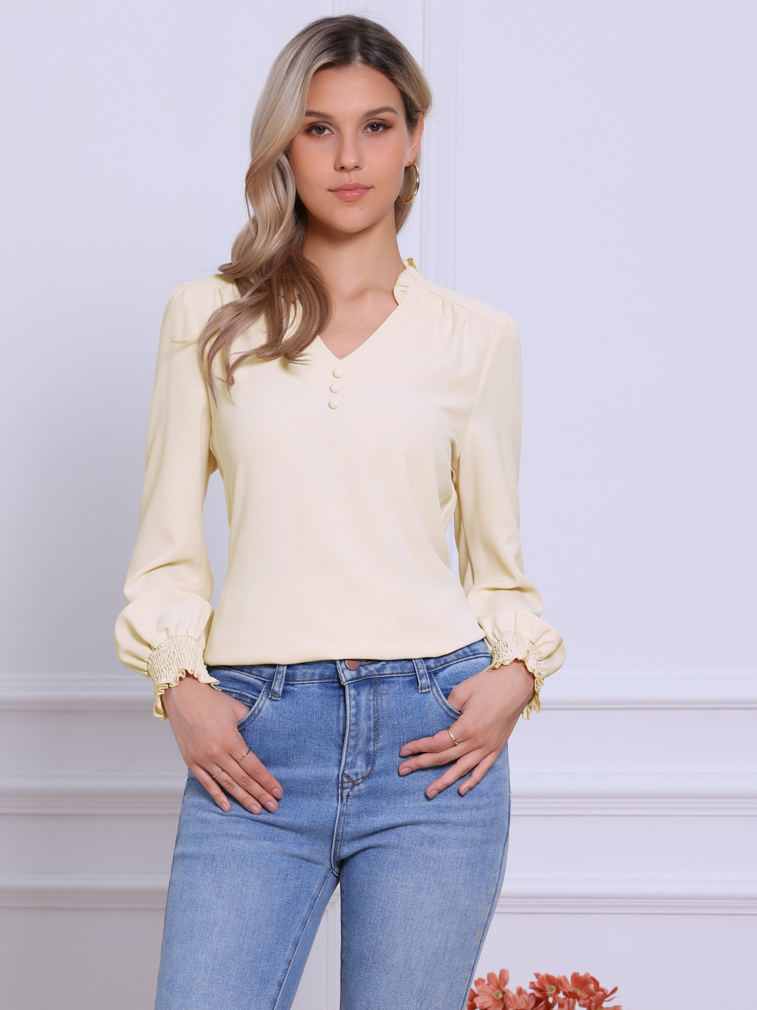 V Neck Ruffle Collar Puff Smock Long Sleeve Vintage Blouse Apricot/XS