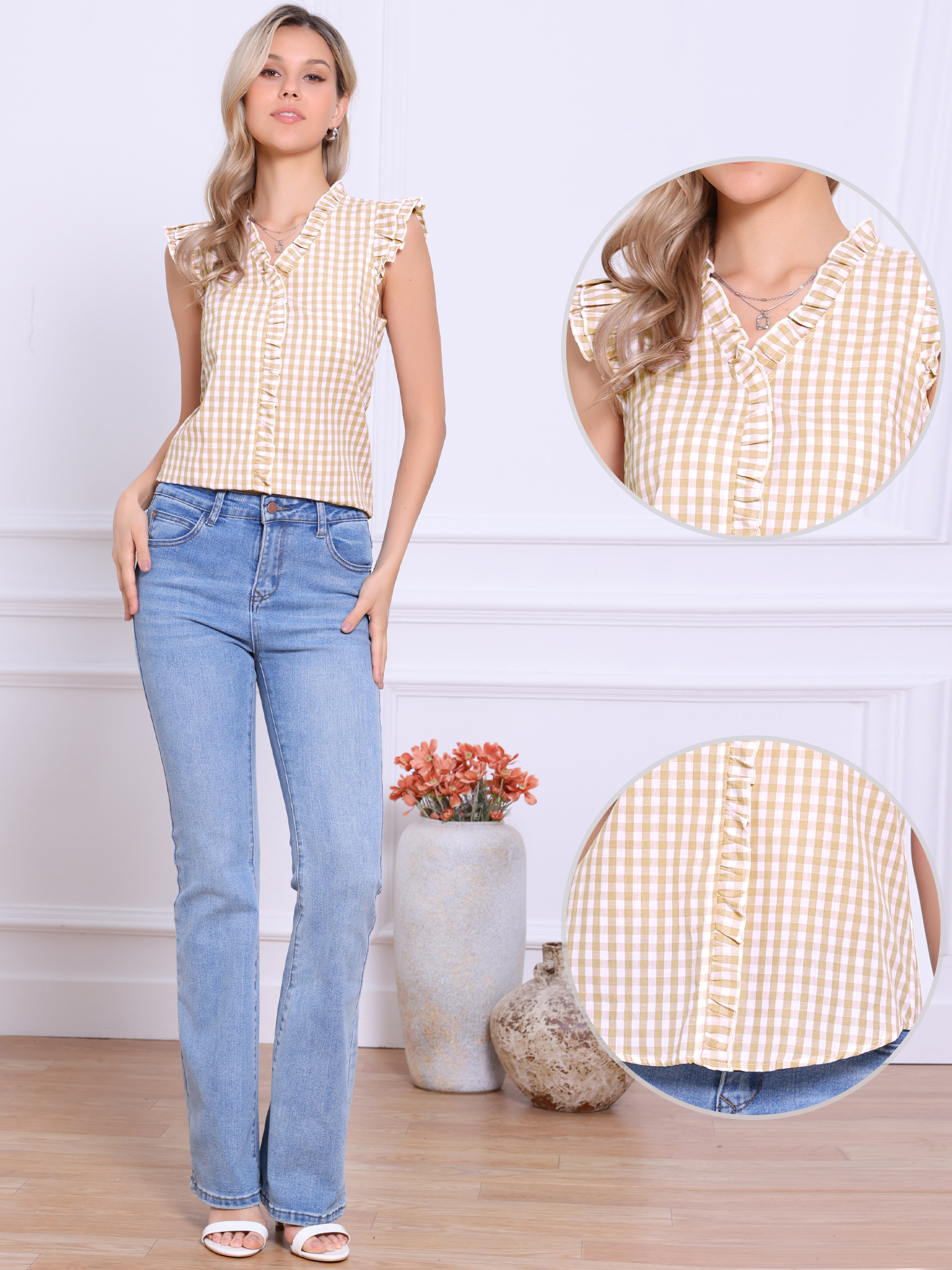 Ruffle Button Down Cap Sleeve Plaid Gingham Blouse Light Khaki/M