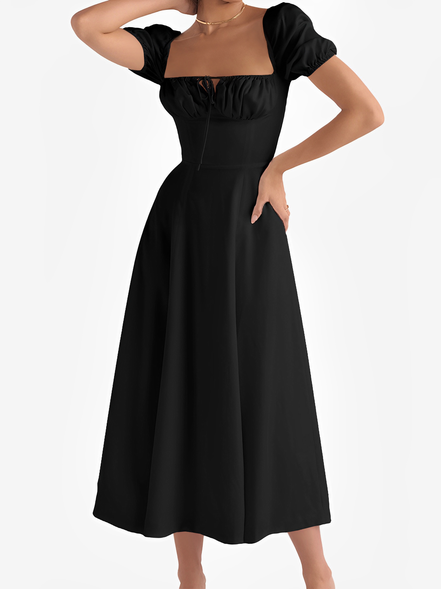 Puff Sleeve Solid Color Ruched Midi A-Line Dress Black/XS