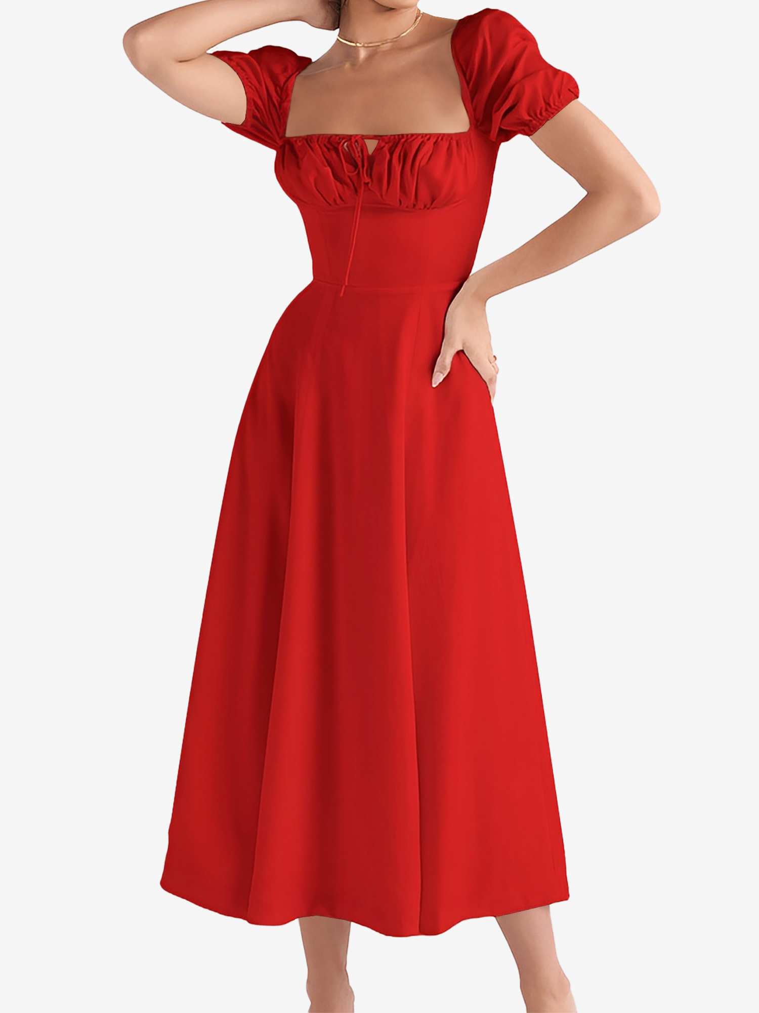 Puff Sleeve Solid Color Ruched Midi A-Line Dress Red/L