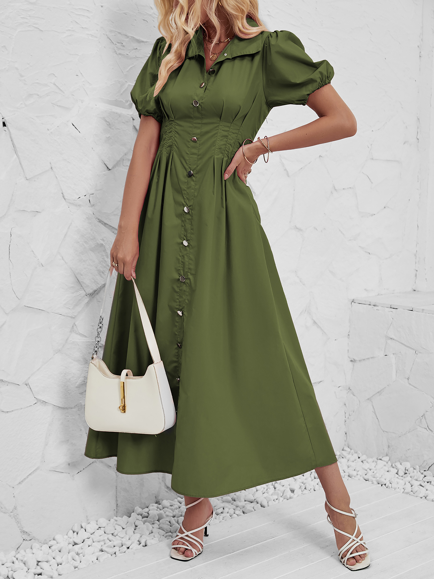 Puff Sleeve Button Down Solid Color Shirt Dress Army Green/S