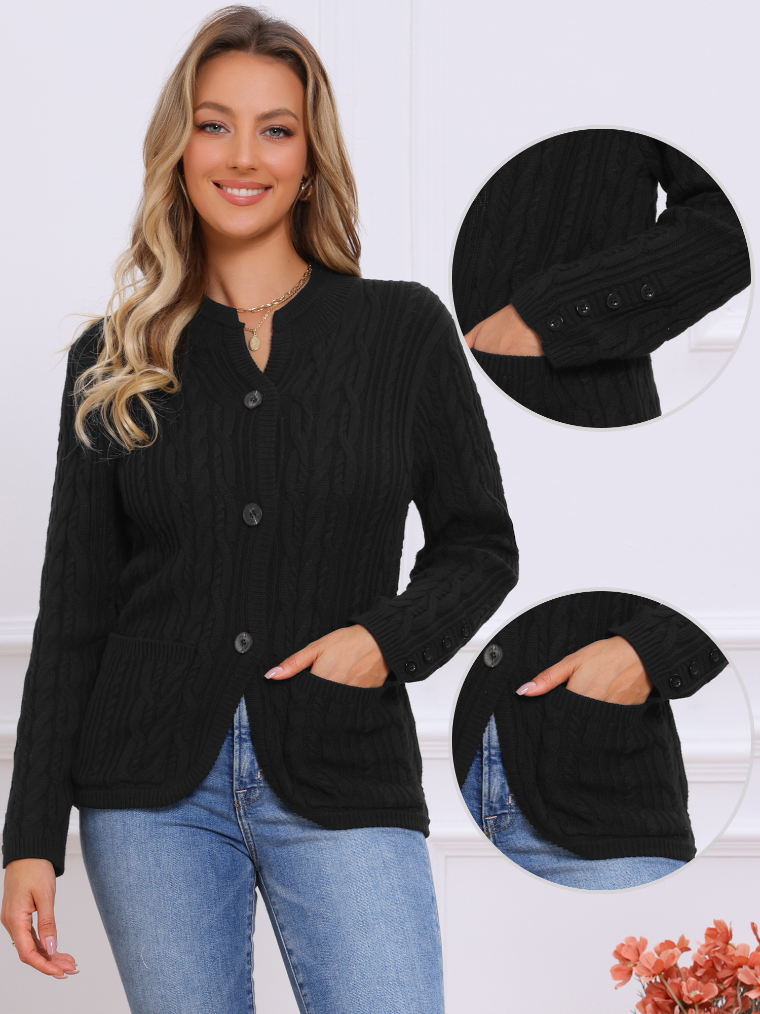 Button Down Long Sleeve Cable Knit Cardigans Black/S