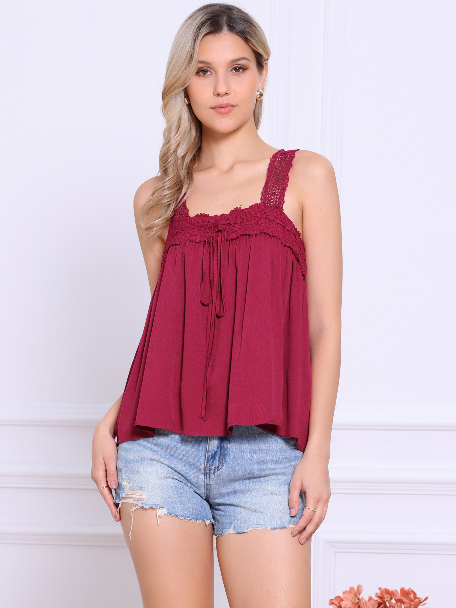Casual Sleeveless Square Neck Panel Lace Ruffles Tank Tops Dark Red/XL