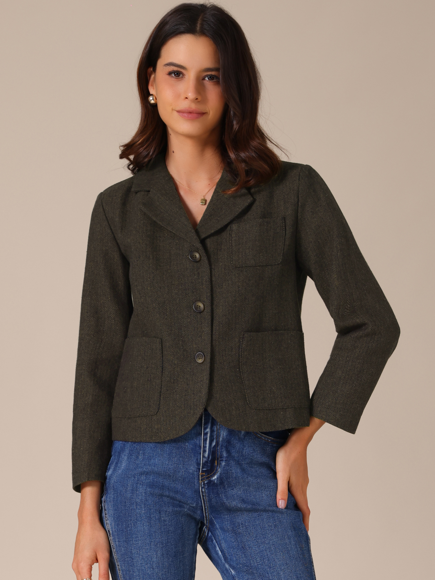 Bracelet Sleeve Notched Lapel Casual Cropped Blazer Brown/L