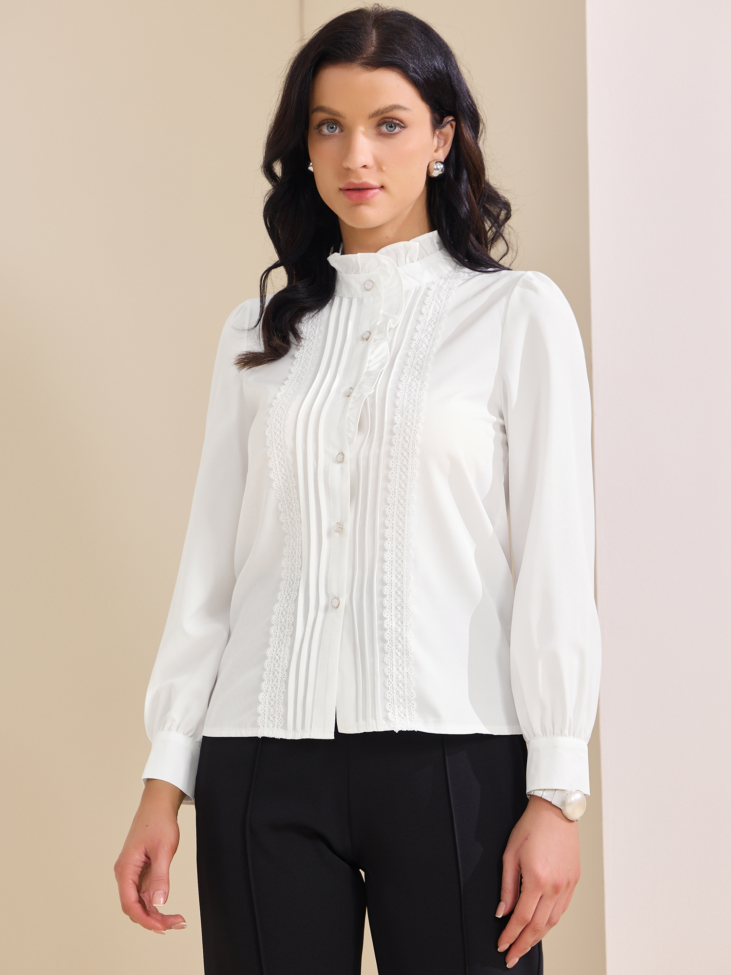 Ruffled Button Down Long Sleeve Work Shirts White/S