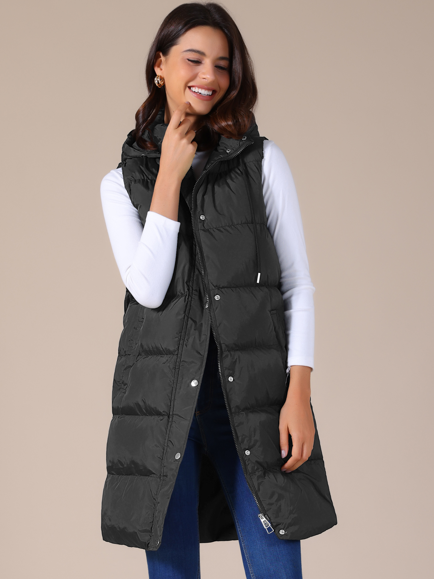 Casual Sleeveless Hooded Long Puffer Vest Down Jacket Black/2XL